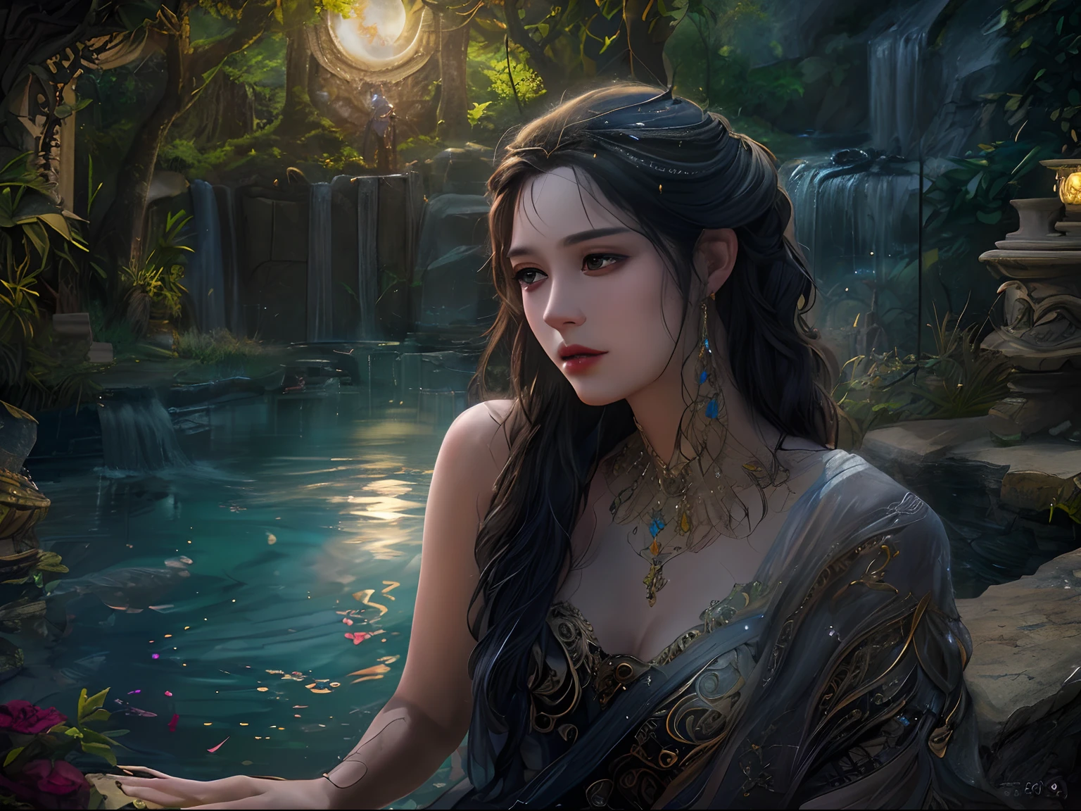 high details, best quality, 16k, [best detailed], masterpiece, best quality, (extremely detailed), a view from the rear (best details, Masterpiece, best quality), photorealistic, fantasy art, RPG art,  a portrait of a woman sitting in a pool by a waterfall at night, extremely beautiful human woman (best details, Masterpiece, best quality), best detailed face (best details, Masterpiece, best quality) black hair, long hair,  pale skin, dynamic eyes color, dynamic dressing  (best details, Masterpiece, best quality), sitting in a pool  (best details, Masterpiece, best quality), waterfall forest clearing  (best details, Masterpiece, best quality), candles light  (best details, Masterpiece, best quality), fantasy night, moon light, stars, fantasy night scenery, sense of serenity, atmosphere of tranquility, High Detail, Ultra High Quality, High Resolution, 16K Resolution, Ultra HD Pictures, Ultra Realistic, photorealism  (best details, Masterpiece, best quality), Clear Details, Realistic Detail, Ultra High Definition