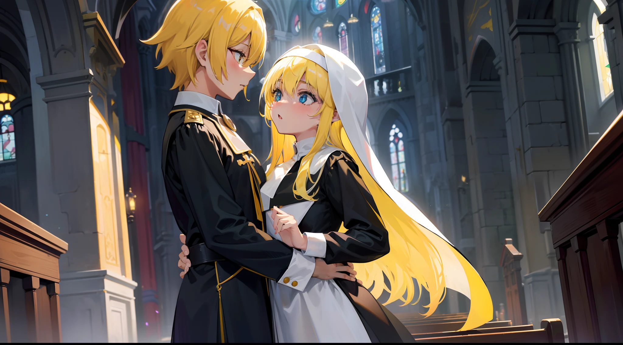 Yellow hair,Place your hands on each other's chests,s girl,Nun attire,The background is the church,Heterochromic pupils,Enhance the light,There is a deer made of crystal next to the voice
