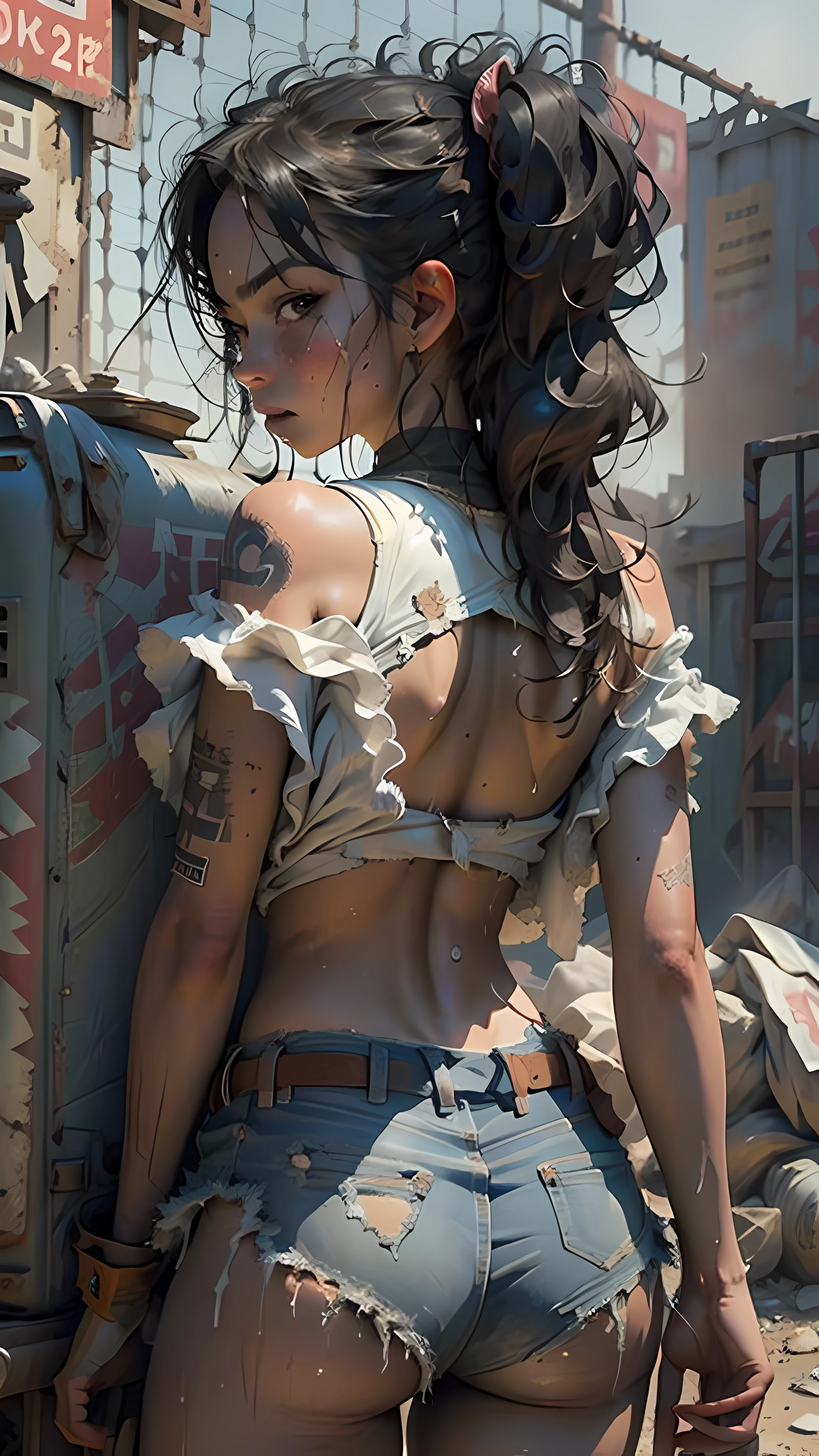 masterpiece, best_quality, 1girl, solo, dirty, very dirty body, dirty with dust,with torn clothes, clothes in pieces, scraps of clothing, sweat, excessive sweat, sweaty body, drops of sweat by the body, hair showing, black hair, back