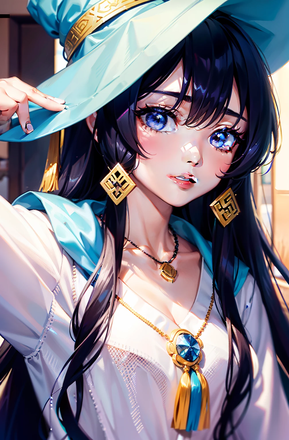 ((Browsing Caution:1.4, masterpiece, Highest quality, High resolution, 超High resolution, Pixel perfect, Written boundary depth, 4K, RTTX10.0, High resolution))),girl with long black hair, wearing earrings and a choker, with a slightly revealing chest, violet eyes, slightly hooded eyes, glossy and watery eyes, slightly parted lips, sweating profusely with beads of sweat dripping from her forehead, blushing cheeks, visible white breath, tongue out, sticky saliva, lying on a bed in a bedroom with a steam-filled atmosphere, tears in her eyes.(Put one hand in your panties:1.8), Fingering, (Pussy juice:1), (Perfect hands, Perfect Anatomy, Exact number of hands)