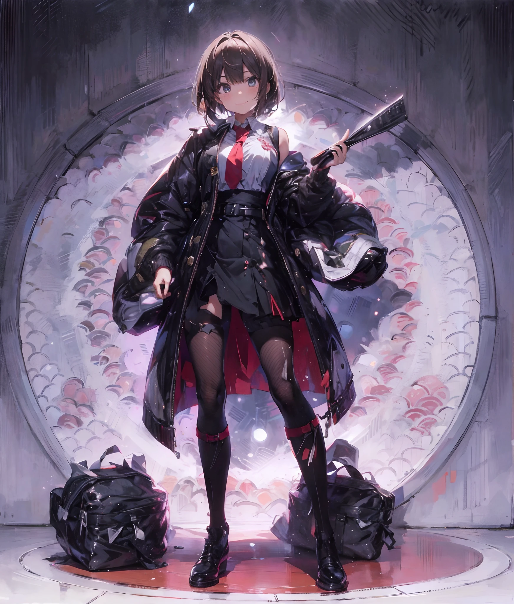 tmasterpiece, best qualityer, 1个Giant Breast Girl,(brunette color hair,colorfulhair:0.9), Wear a nice miniskirt,Very thin clothes, cute smiling,Leaking out of both shoulders,(White background:1.3),(All body,standing on your feet:0.9),Black leather shoes,White socks,first person perspective,short detailed hair,One guy,