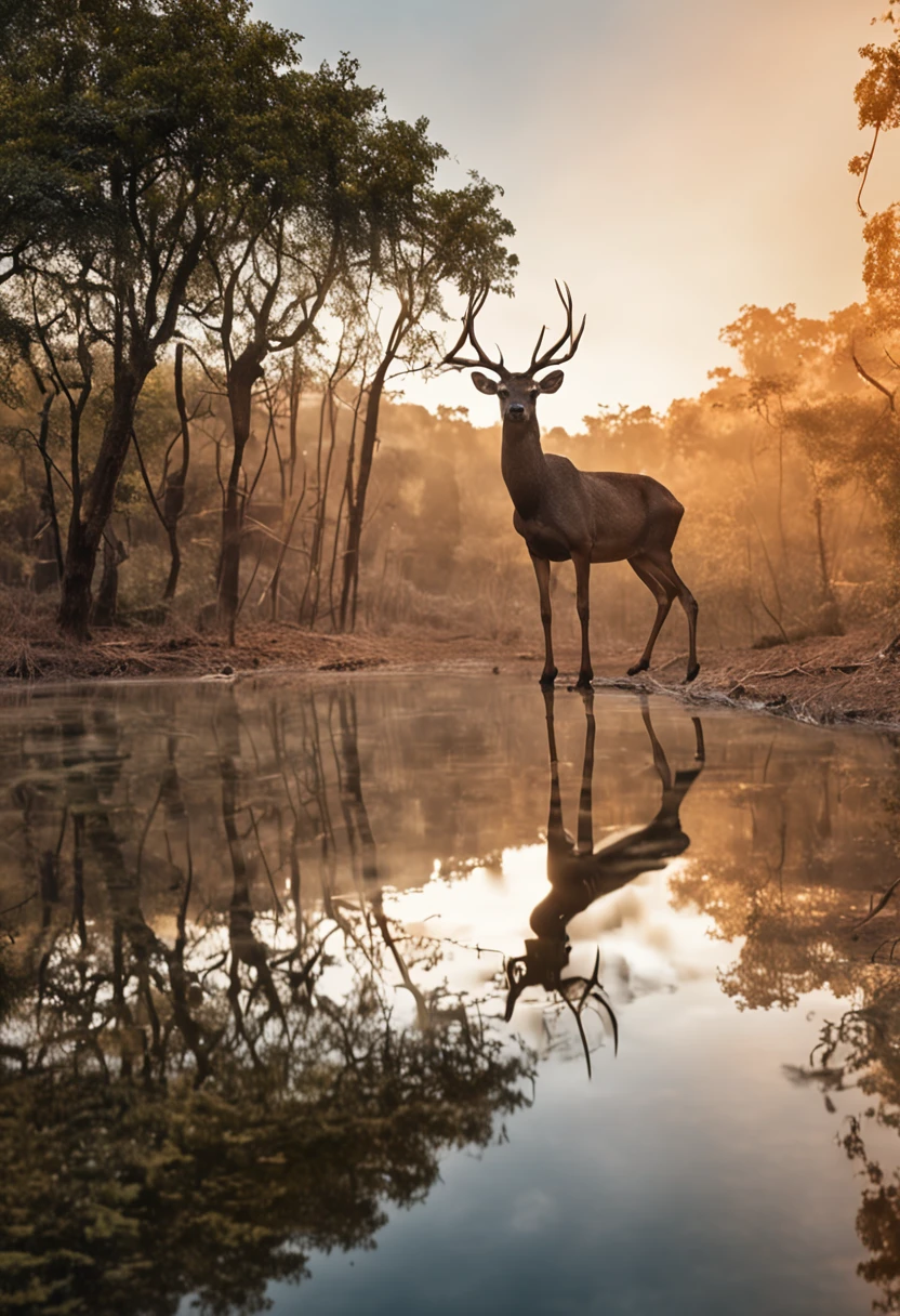 O cervo, majestoso em sua postura, It lies by the serene bank of the creek. Seu pelame, um mosaico de tons terrosos e dourados, glows softly under the filtered light of the surrounding trees. Os chifres imponentes, emaranhados em curvas graciosas, crown his head with an aura of nobility. Seus olhos atentos observam o entorno, transmitindo um senso de alerta e tranquilidade simultaneamente.
Com movimentos medidos, The deer lowers its elegant neck, allowing the snout to touch the surface of the crystal clear water. The reflection of his figure reflects perfectly in the calm waters of the creek, Creating a symmetrical image of natural serenity. Each sip is taken with a reverence for the surrounding nature, enquanto suas orelhas, as sensitive antennas, se movem para captar qualquer sussurro do ambiente.
The scenery is complete with the soft melody of the birds in the treetops, A sound background for this moment of connection with the very essence of the deer. Cada detalhe da cena, from the unique patterns of its coat to the graceful way it bends over water, evidences the intrinsic harmony between the deer and its habitat, um instante fugaz de beleza natural capturado na eternidade do ecossistema.