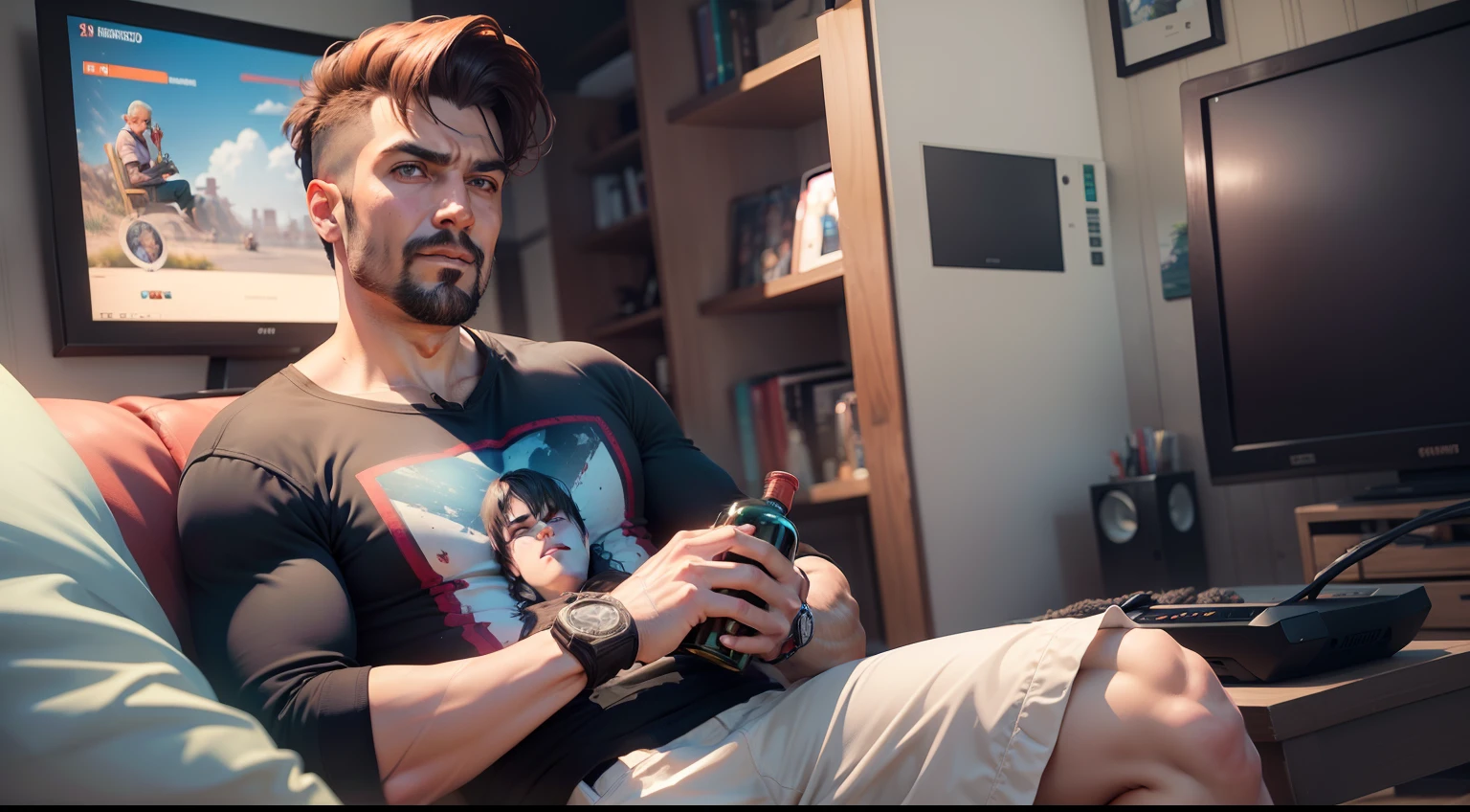 There's a man sitting on a couch with a bottle of wine and a bowl of food, playing video games, comer batatas fritas e assistir TV, brincando, obeso, Homem na casa dos 30 anos, videogame ainda, obeso ), olhando para o telefone dele, Streamer do Twitch / Jogador Ludwig, videogame ainda, jogos, Fotografia tirada em 2 0 2 0, Comer