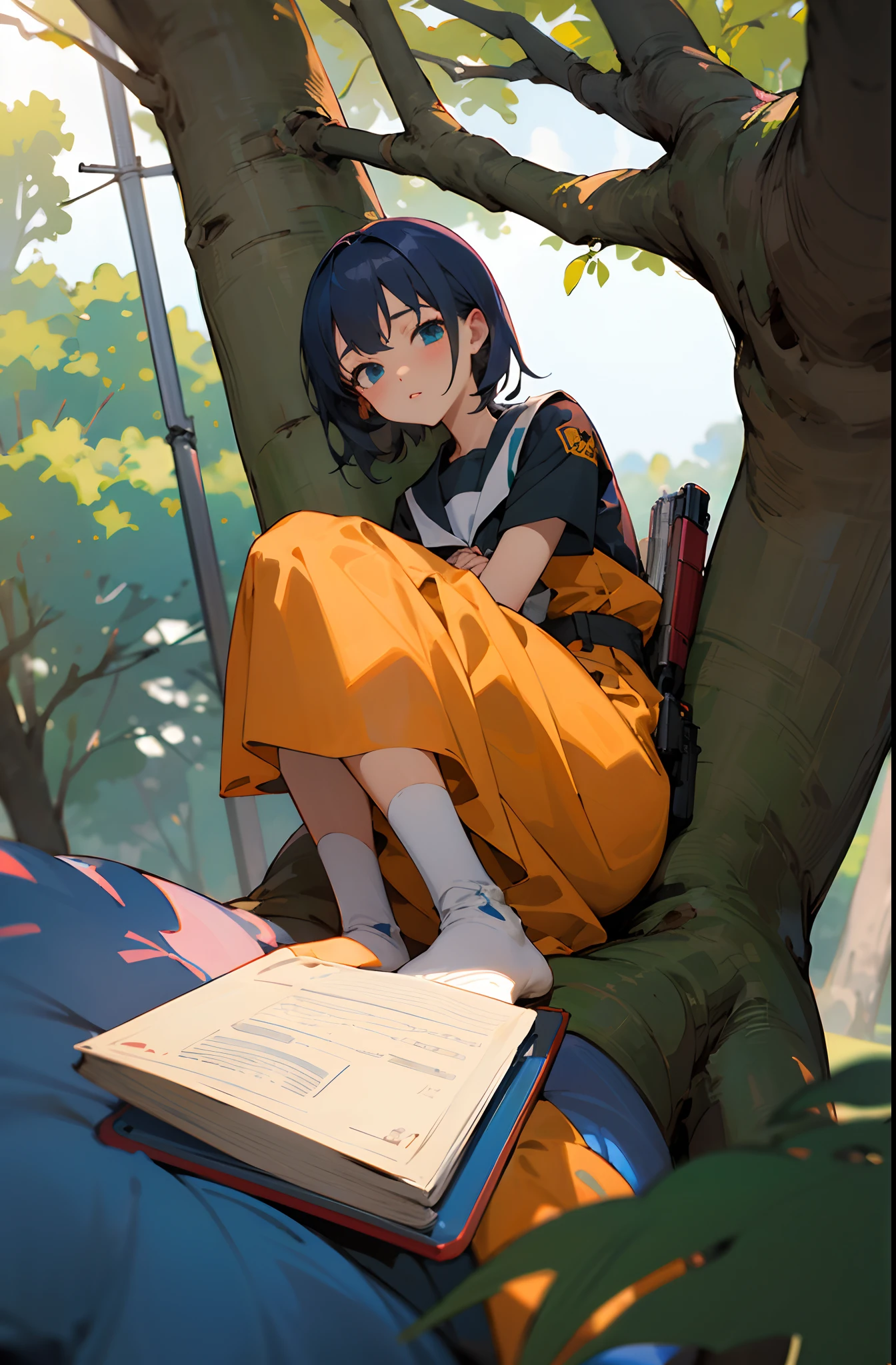 girl anime, 18yo, home, tree, book, , gun