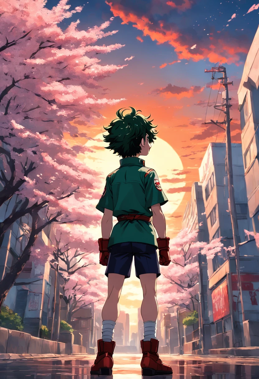 Create a movie poster inspired by Kohei Horikoshi's "My Hero Academia" style, featuring Deku in his hero uniform gazing into the sunset over Cherry Blossom City back turned to the camera