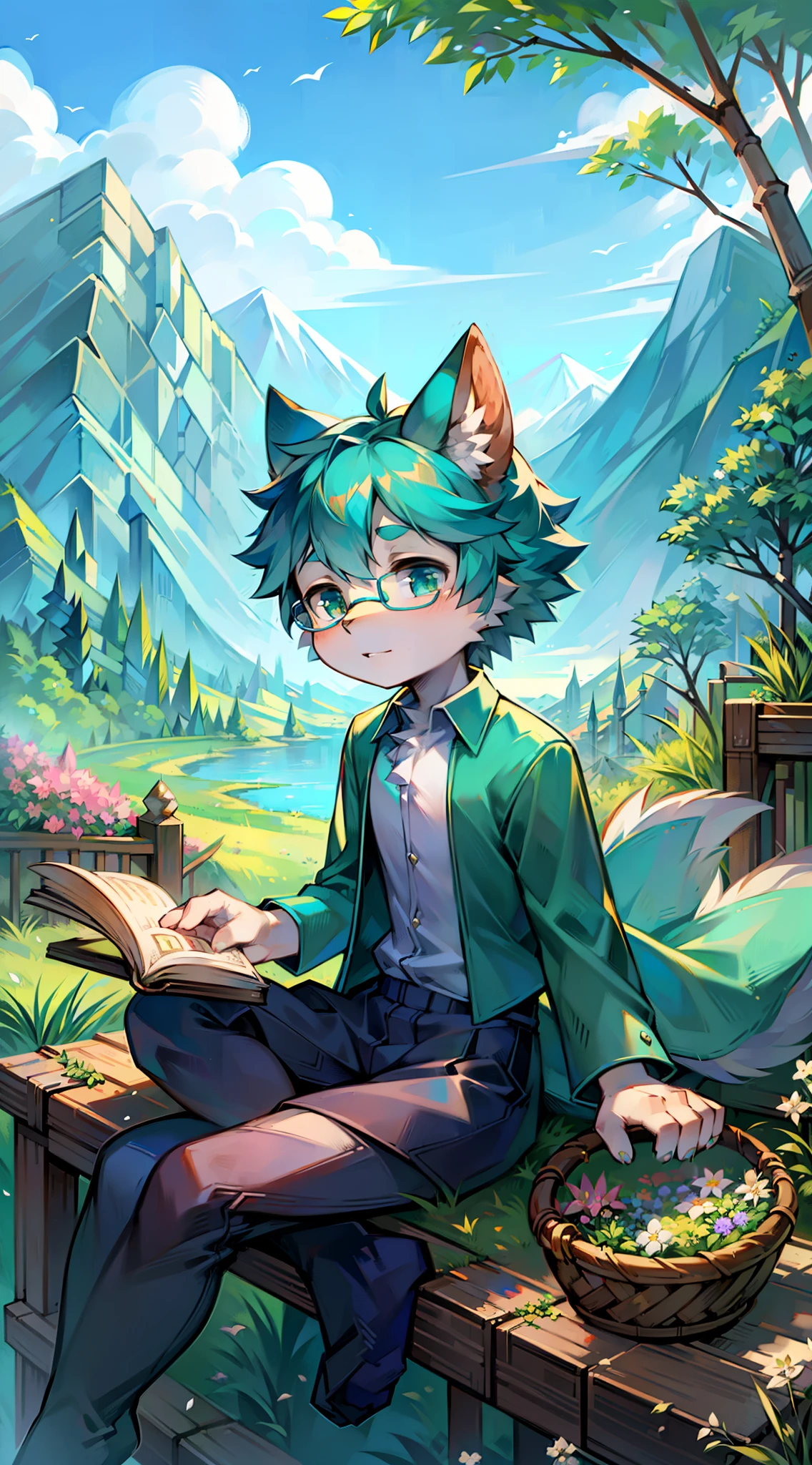 eine Katze,Turquoise shirt,Carrying a bamboo basket,On the grass,Mountains,herbs,Shota,adolable,basket,Herbs in the hand,eye glass,blossoms,Sit on grass,hillside,Picking herbs,suns,nerds,having fun,herbs,Turn your head and look,solo person,The opened book is placed aside,Basket