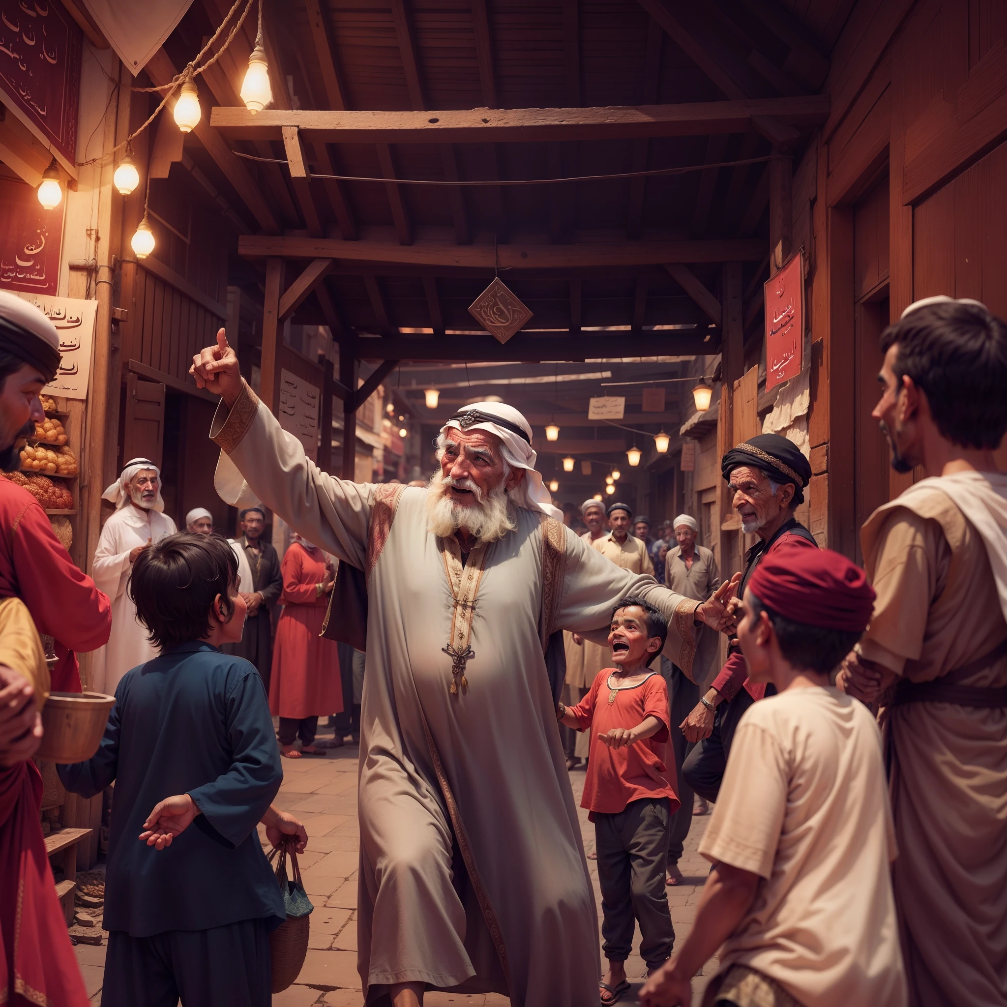 An old man in an old Arab market is dancing with a group of children and everyone is laughing