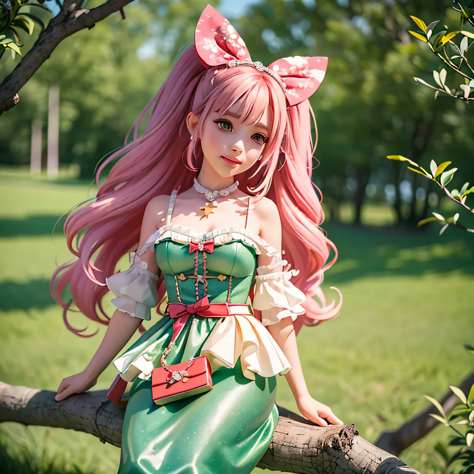 a  lovely kid gi Stylish,Delicate makeup,Sit on a tree, With incredible details,cheerfulness,Mermaid bust view:1.6, Red bow, C4D, 8K, OC renderer, Best quality,Light and dark contrast, Detail art, hyper HD, Cartoon star hair accessories,outstanding,blindbox