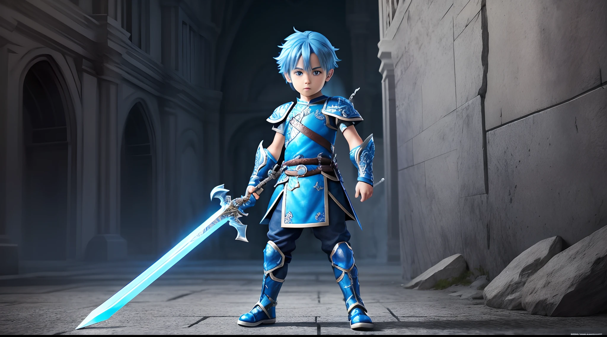 A named Eric, blue hair, blue eyes, blue wearing, sword in hand with a small blue dragon,3D,fullbody standing pose,hyper realistic,detailed ar 9:16 --auto --s2