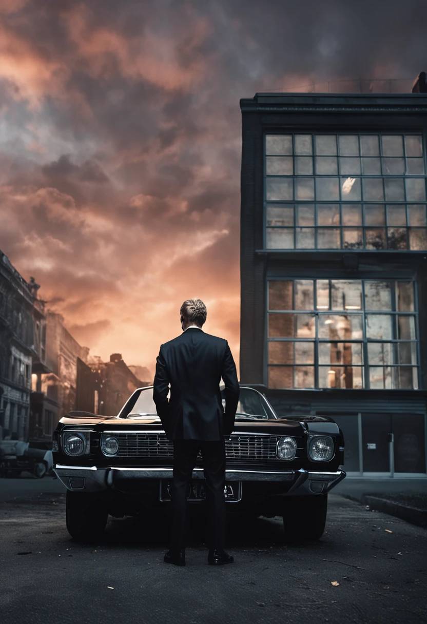 ((full body)) Photo Man standing in front of window in office of RAW, wearing black suit, (Use no beard) Movie Scene, (impeccable) ,Serious and elegant young man, , With thick male eyebrows, (With a mysterious and serious face,) short very blond hair, Dark black background image, Elegant, 18 years, wearing black watch, blond hair, blond eye brows, short messy blonde windy hair, brown eyes,( High-quality, realistic images), ((Best Quality, 8K, masutepiece)