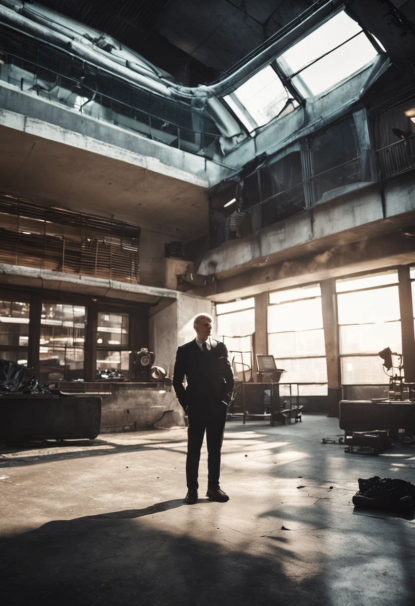 ((full body)) Photo Man standing in front of window in office of RAW, wearing black suit, (Use no beard) Movie Scene, (impeccable) ,Serious and elegant young man, , With thick male eyebrows, (With a mysterious and serious face,) short very blond hair, Dark black background image, Elegant, 18 years, wearing black watch, blond hair, blond eye brows, short messy blonde windy hair, brown eyes,( High-quality, realistic images), ((Best Quality, 8K, masutepiece)