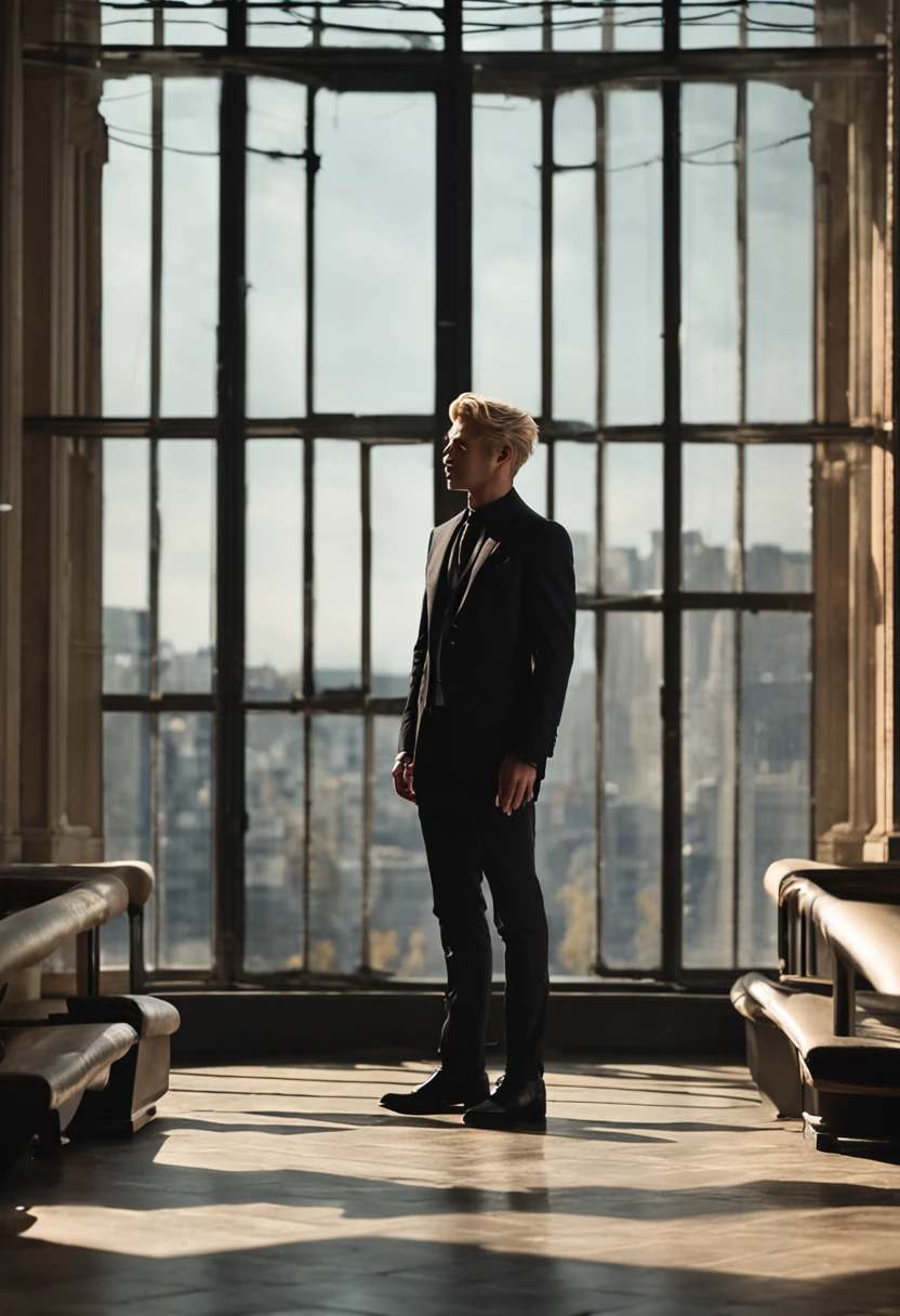 ((full body)) Photo Man standing in front of window in office of RAW, wearing black suit, (Use no beard) Movie Scene, (impeccable) ,Serious and elegant young man, , With thick male eyebrows, (With a mysterious and serious face,) short very blond hair, Dark black background image, Elegant, 18 years, wearing black watch, blond hair, blond eye brows, short messy blonde windy hair, brown eyes,( High-quality, realistic images), ((Best Quality, 8K, masutepiece)