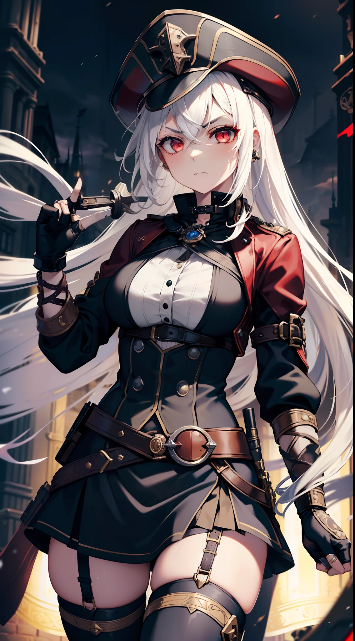(masterpiece),(steampunkai:lora:1),(1girl),(assassin),(night:1.2),(red eyes),(snow:0.8),(ice:0.8),(lacetrimmedlegwear),(Bicorne),(expressionless),(scowl),(long hair),(white hair),(crossed bangs),(Hair rings),(medium breasts),(finger gun),(gloves),(exquisite facial features)