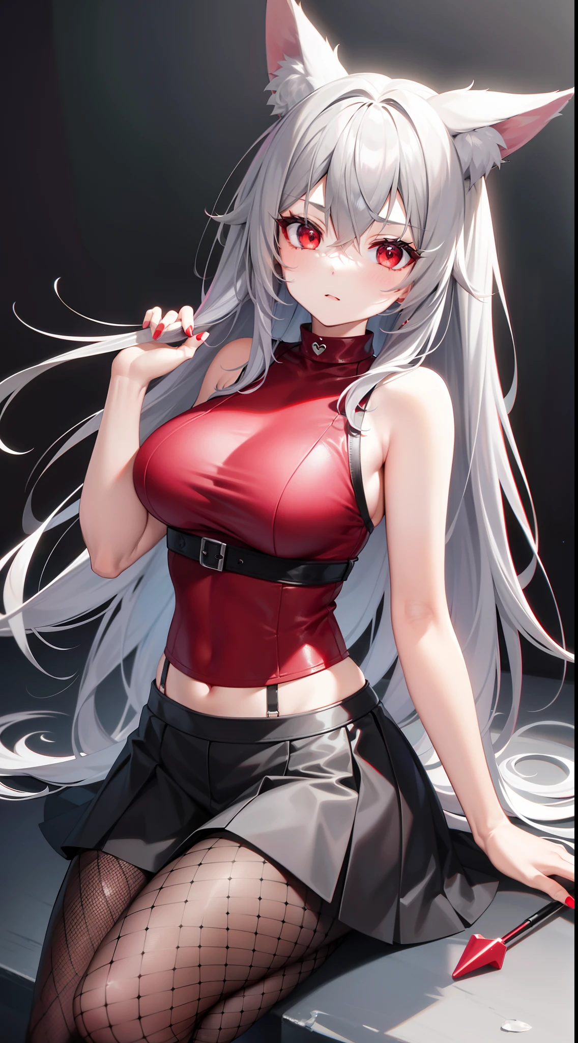 adult girl, middle length gray hair, red eyes, wolf ears, red tight top, sleeveless, fishnet tights, leather skirt, Masterpiece, hiquality