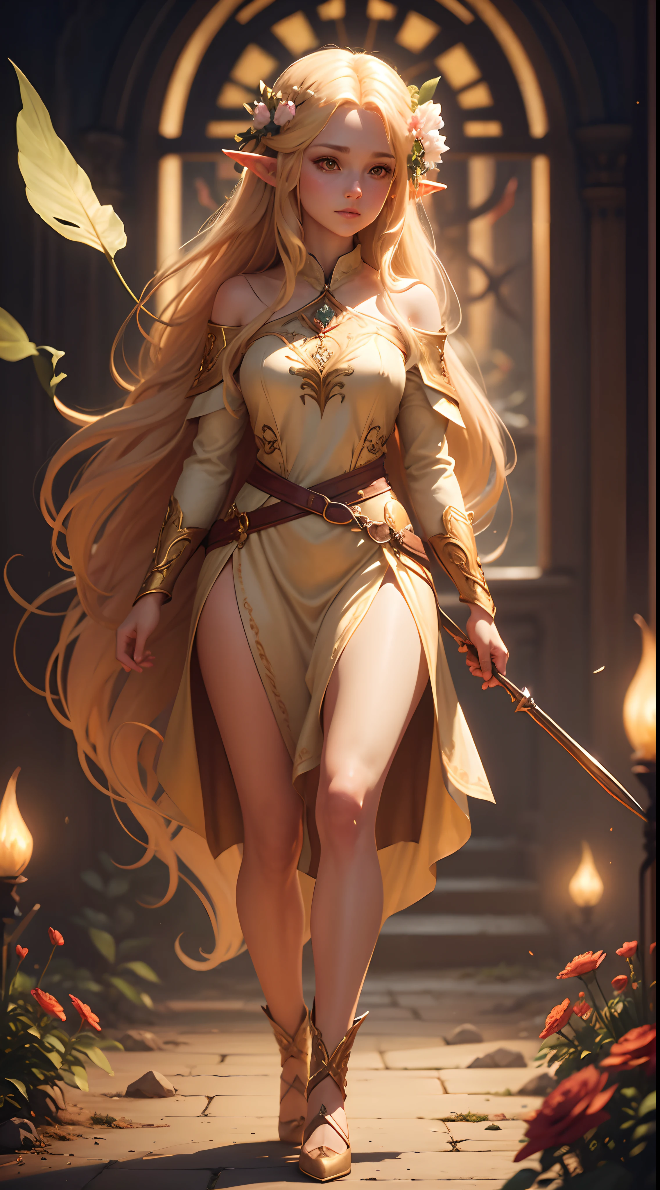 cute elf, long golden hair, flowers in hair, golden eyes, cute dress, full body, artstation, illustration, dynamic soft lighting, fantasy framing, high resolution 4k, hdr, stylistic,