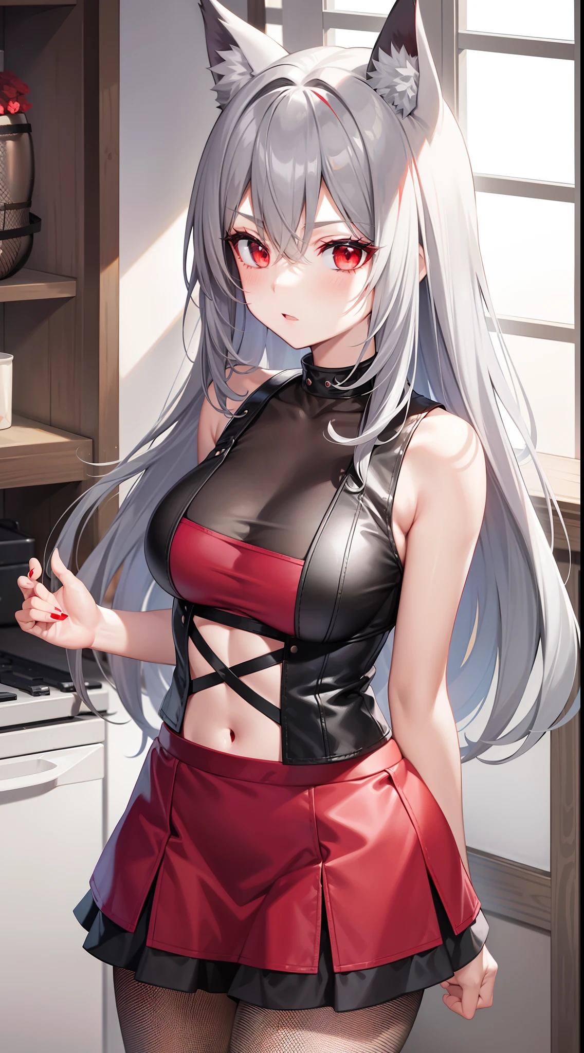 adult girl, middle length gray hair, red eyes, wolf ears, red tight top, sleeveless, fishnet tights, leather skirt, Masterpiece, hiquality