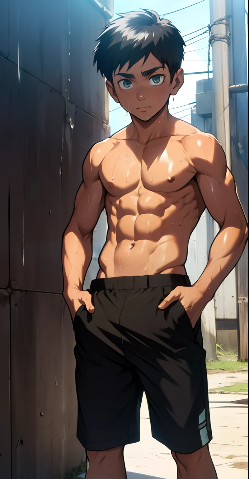 full body, cute -yeld bocute baby faceody, dripping sweat, shiny skin, wearing black shorts, topless, shirtless, hands in pockets