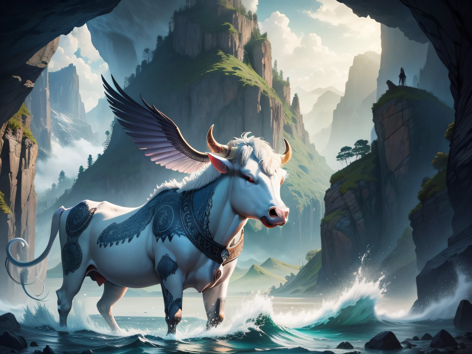 mythological creatures,Inspired by the Classic of Mountains and Seas,A cow,It has fish scales,snake tail,There are wings on the ribs