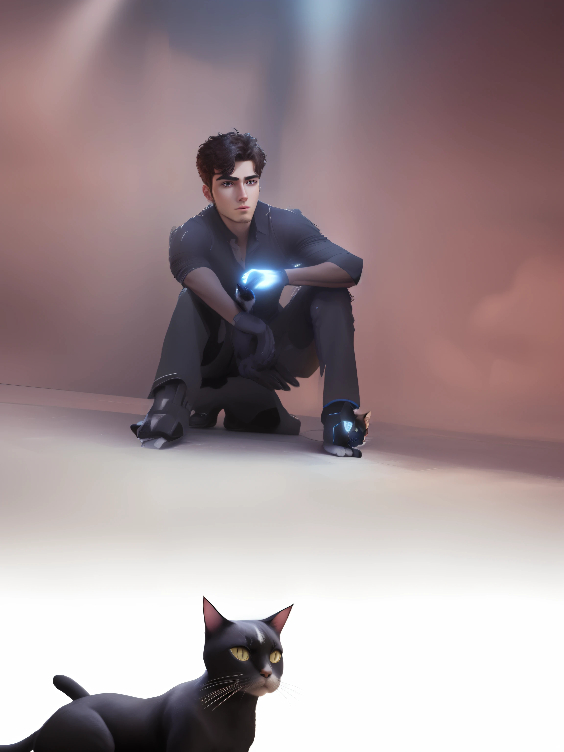 A handsome boy with cat futuristic background realistic face 8k ultra high quality hd