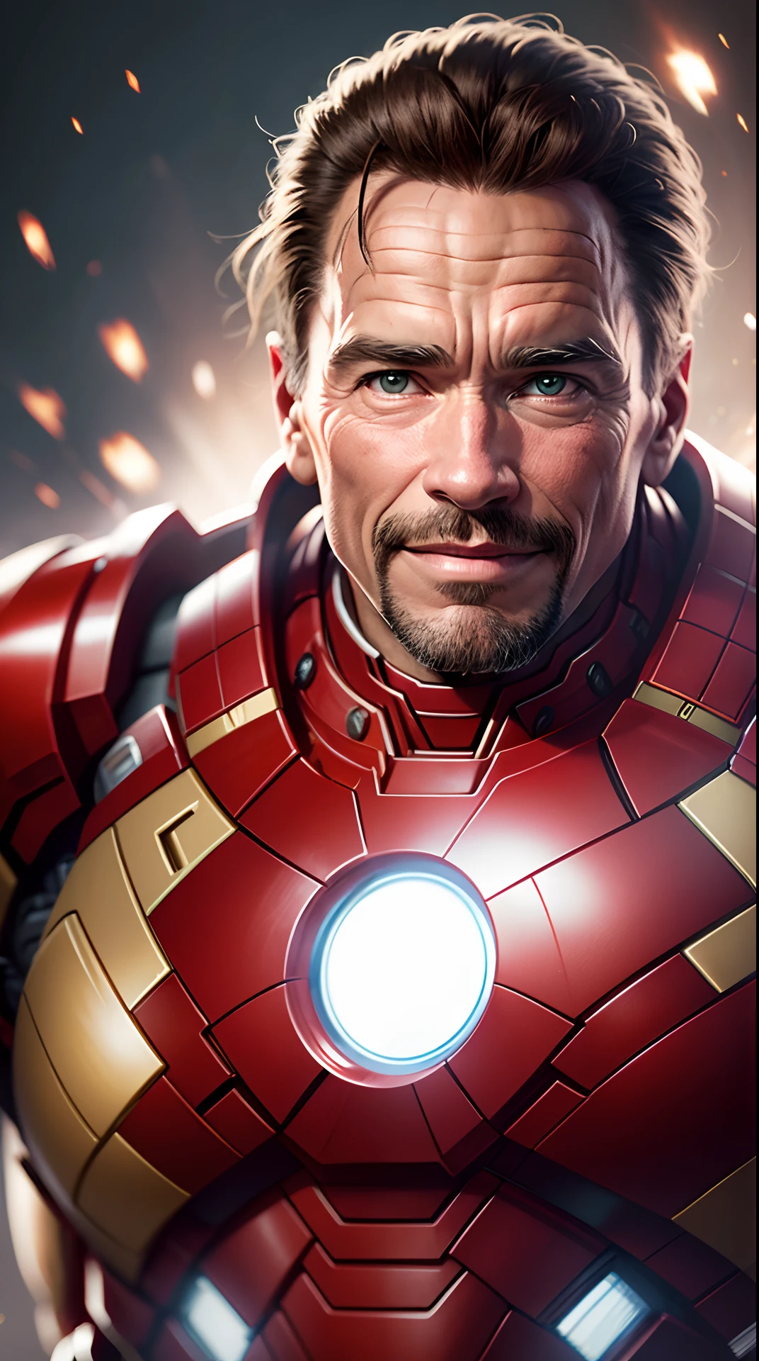 Arnold Schwarzenegger in a iron man suit, smiling, cinematic, supersharp ultra realistic, iron man 3, unmasked, no mask, face, real person --auto --s2