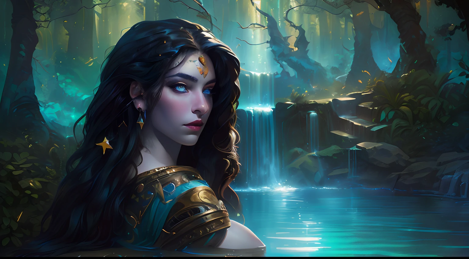 high details, best quality, 16k, [best detailed], masterpiece, best quality, (extremely detailed), a view from the rear (best details, Masterpiece, best quality), photorealistic, fantasy art, RPG art, a portrait of a woman sitting in a pool by a waterfall at night, best beautiful human woman (best details, Masterpiece, best quality), best detailed face (best details, Masterpiece, best quality) black hair, long hair,  pale skin, dynamic eyes color, dynamic dressing  (best details, Masterpiece, best quality), sitting in a pool  (best details, Masterpiece, best quality), waterfall forest clearing, candles light  (best details, Masterpiece, best quality), fantasy night, moon light, stars, fantasy night scenery, sense of serenity, High Detail, Ultra High Quality, High Resolution, 16K Resolution, Ultra HD Pictures, Ultra Realistic, photorealism  (best details, Masterpiece, best quality), Clear Details, Realistic Detail, Ultra High Definition