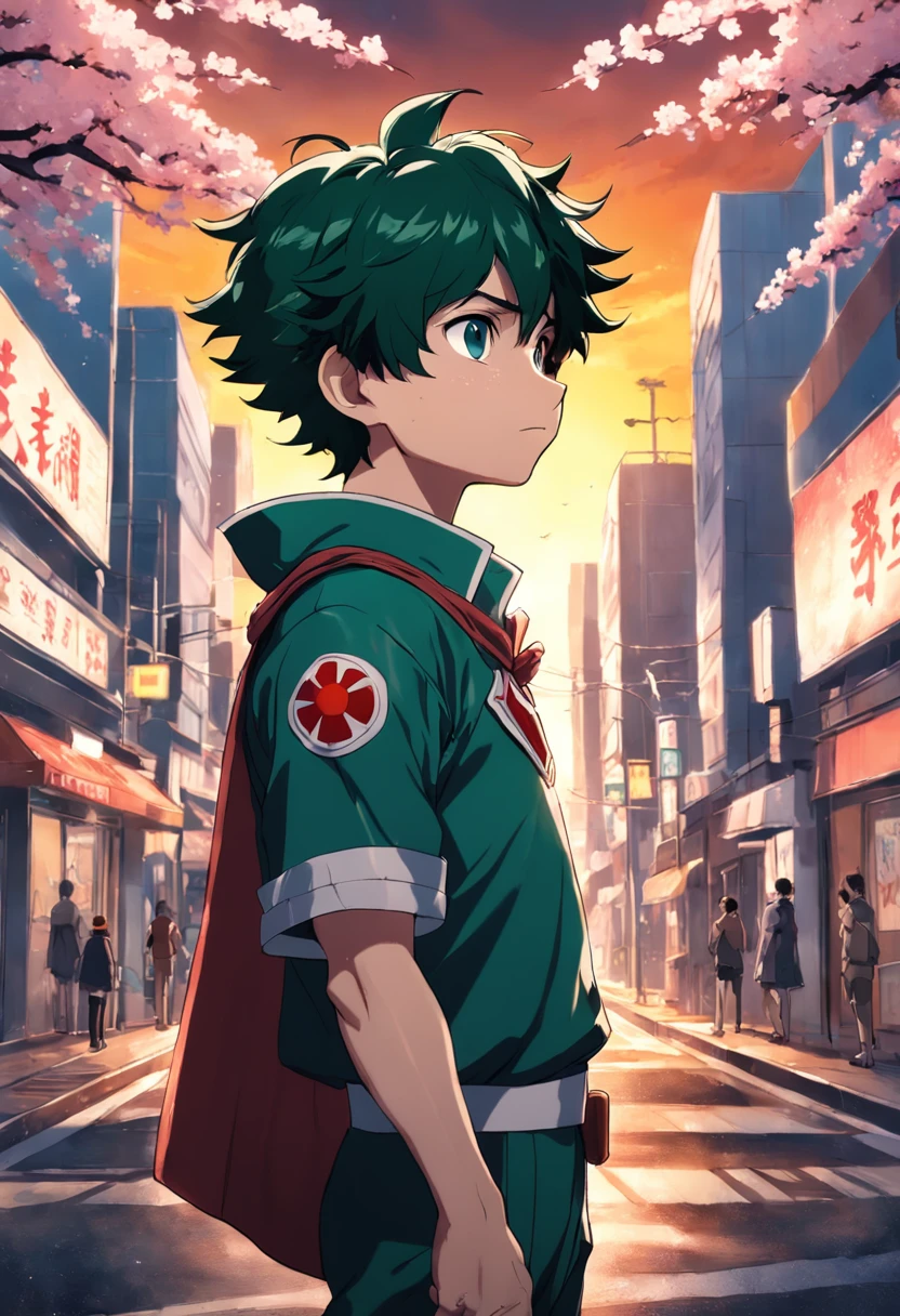 Create a movie poster inspired by Kohei Horikoshi's "My Hero Academia" style, featuring Deku in his hero uniform gazing into the sunset over Cherry Blossom City back turned to the camera