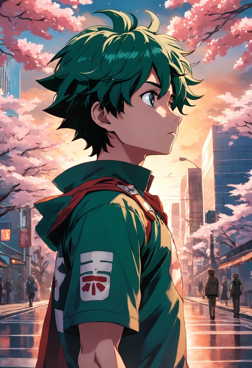 Create a movie poster inspired by Kohei Horikoshi's "My Hero Academia" style, featuring Deku in his hero uniform gazing into the sunset over Cherry Blossom City back turned to the camera