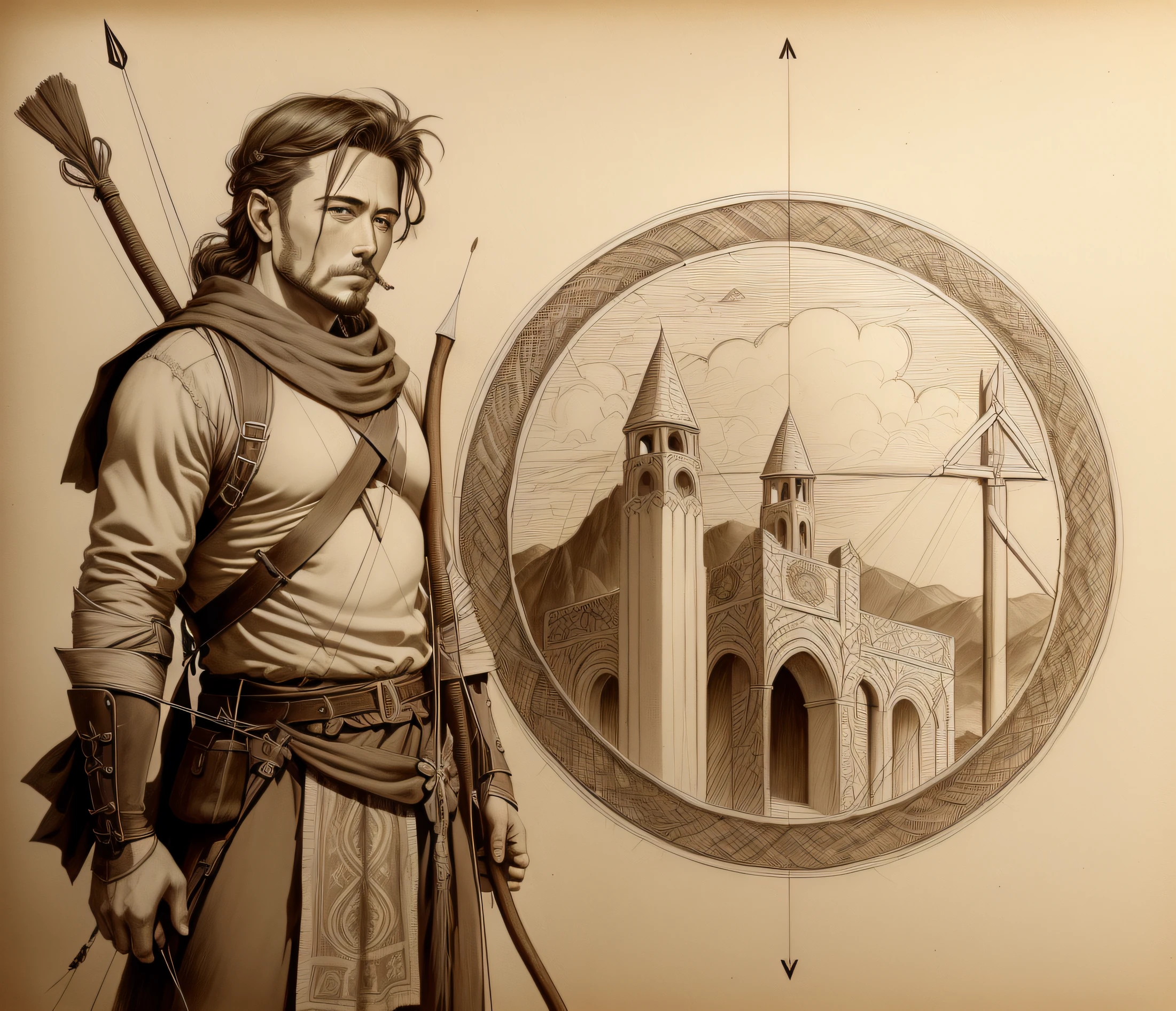 Sketches of a man with bow and arrow in hand, Desenhando uma flecha de sua aljava, com arco e flecha, arco e flecha, drawn with a single line, segurando arco e flecha, desenhado em papel, hold mechanical bow and arrow, Elon Musk como Mosqueteiro, illustration and sketch, arco e flechas longas, arco de arqueiro, Directed by: Nancy Carline