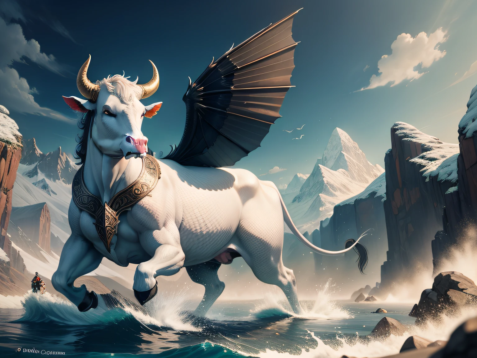 mythological creatures，Inspired by the Classic of Mountains and Seas，A cow，It has fish scales，snake tail，There are wings on the ribs