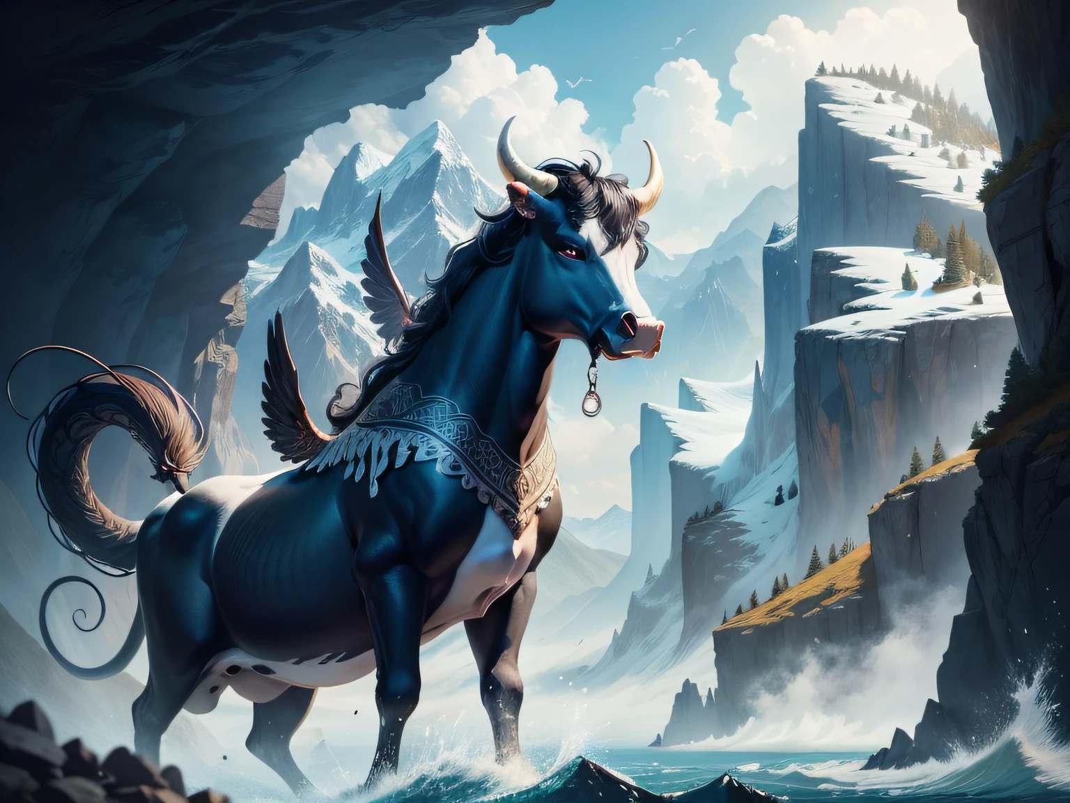 mythological creatures，Inspired by the Classic of Mountains and Seas，A cow，It has fish scales，snake tail，There are wings on the ribs