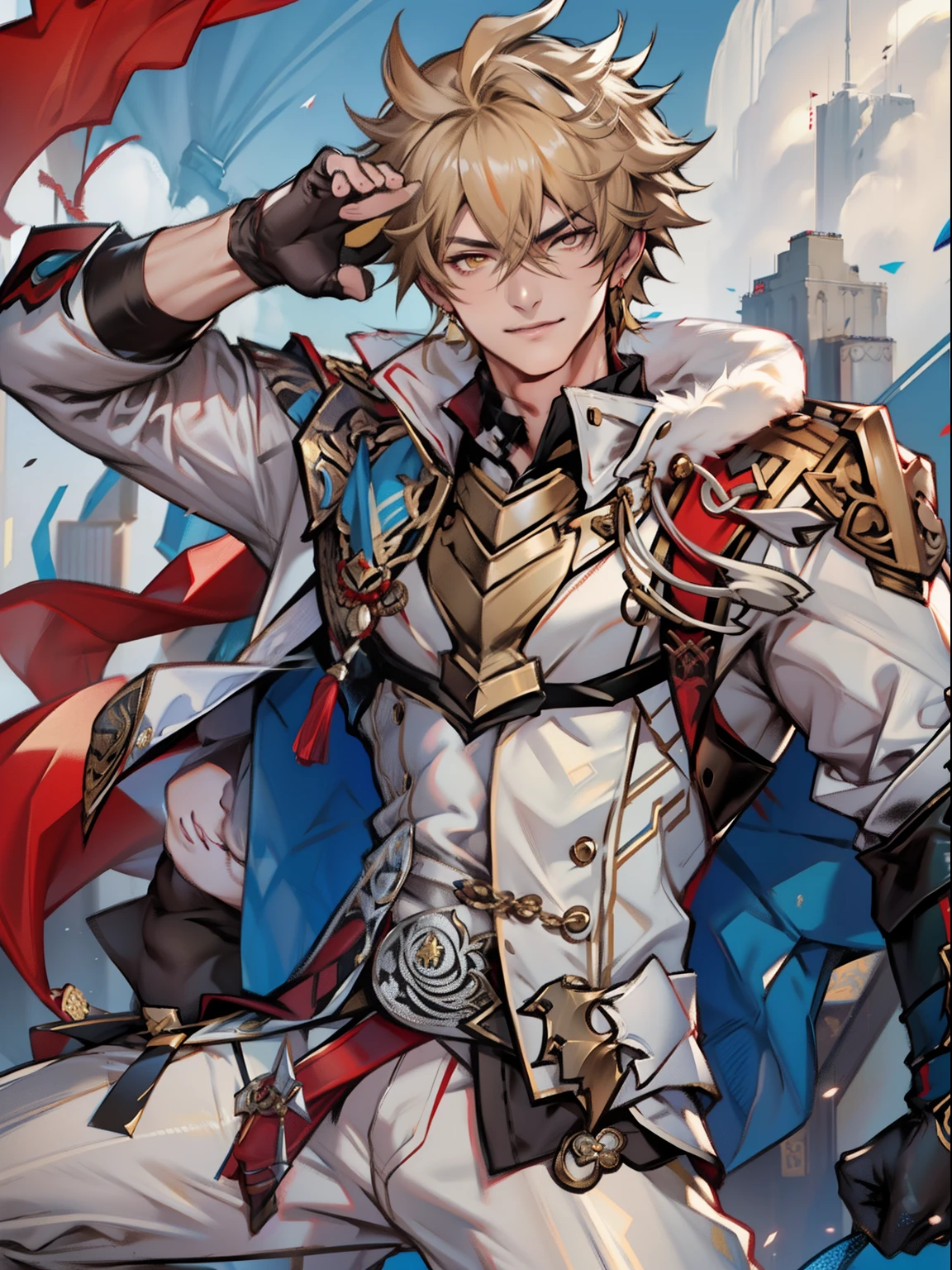 tmasterpiece,Best quality at best,Dadalya(Genshin Impact),mitts,Bulging muscles,Bulging of the pectoral muscles,White gloves,Abs,malefocus,1boy,red eyes,black glove,独奏,Brownish-yellow hair,Yellow eyes,Red cape,hair between eye,((Bulging crotch)),Sexy,(Masterpiece, Best quality),(white business suit),self-assured,having fun,big laughter,white pantie