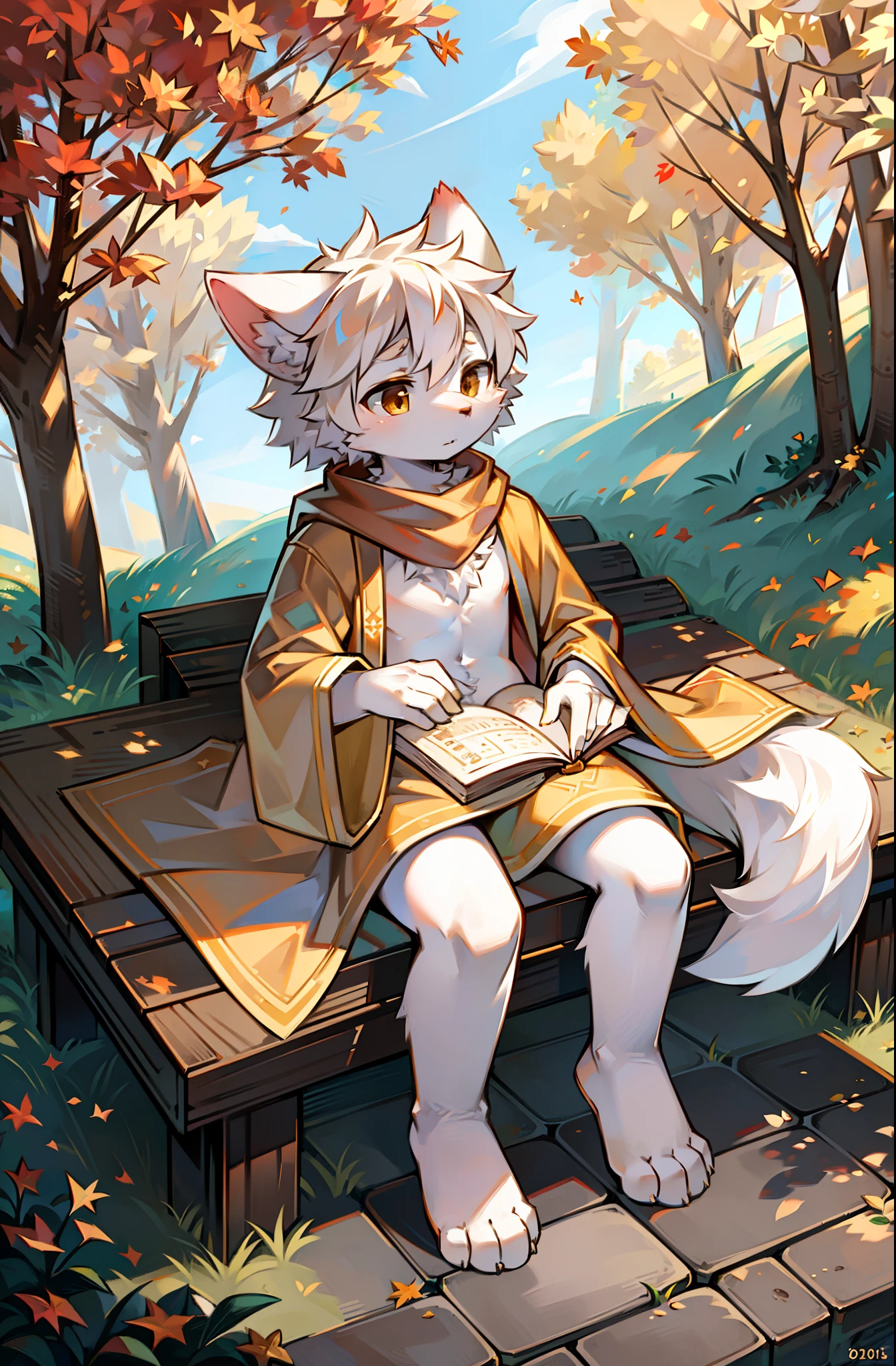 Masterpiece,High quality,abstract res,Digital painting\(artwork of a\), author:BrukkiGunar, Yupa,Kiyosan,(anthro,Fluffy fur,Character focus:1.1),anthro male cat,Portrait , eyes with brightness, in a panoramic view, Character focus.(detailedbackground:0.7), 独奏, shaggy, shaggy male, malefocus, Robust,Strong ,The erection,cum shots,lovemaking,be violated,anthr(Full Body Furry, Fluffy tail, White fur, Dark green eyes), (Long felines、moth、White feathers、Beige ears、Beige tail、Beige pattern、Manteau:1.2),(External、In the daytime、Dense grass、Low tree、clear skies、grassy fields)
