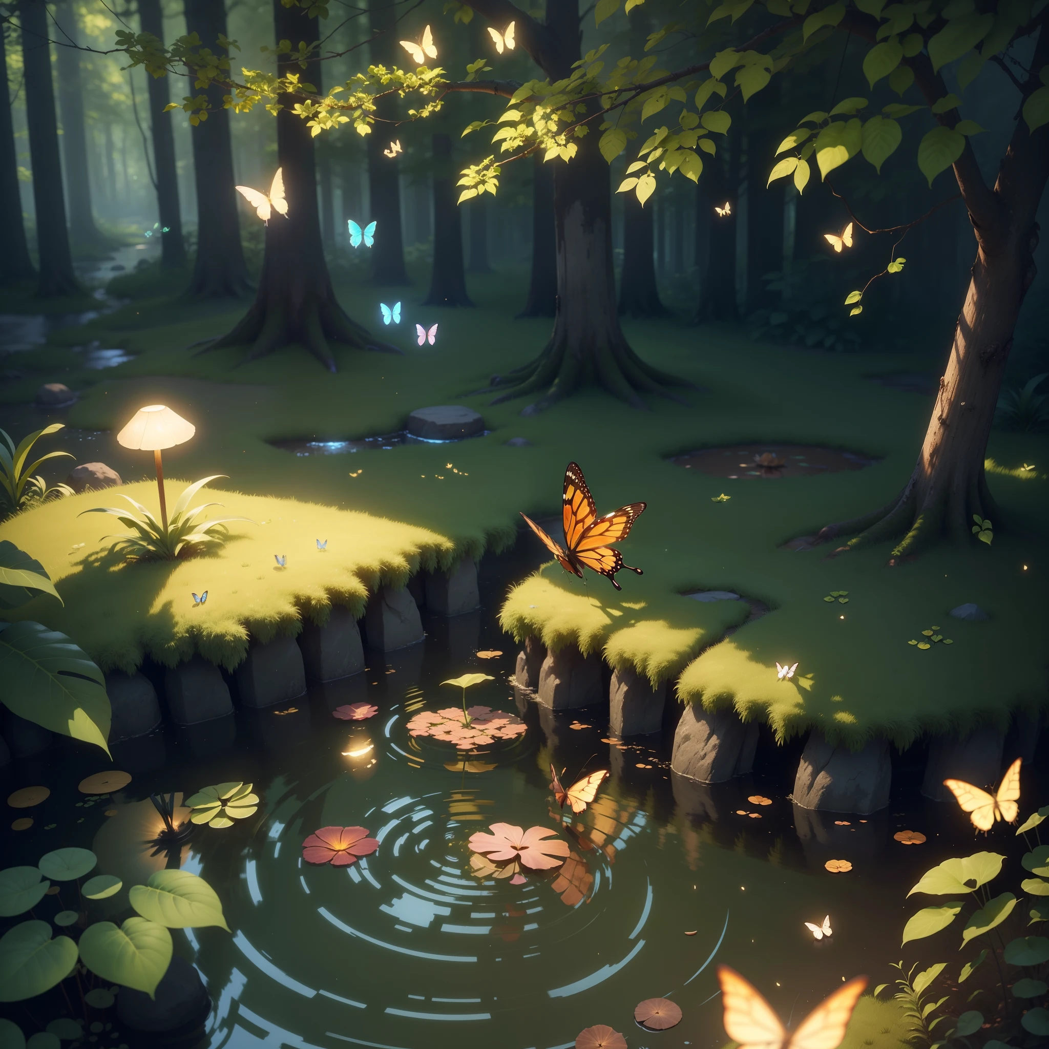 A masterpiece, the best quality, stunning reflections, the best reflections ever. (very detailed CG unity 8k wallpapers), (best quality), (best illustrations), (best shadows), forest theme with natural elements. Tall trees, quiet streams, small glowing mushrooms surrounded by delicate leaves and branches, with fireflies and glowing particle effects,, (natural elements), (jungle theme), (leaves), (twigs), (fireflies), butterflies, (delicate leaves), (glow), (particle effects). , Isometric 3D, Octane Rendering, Ray Traced, Super Detailed