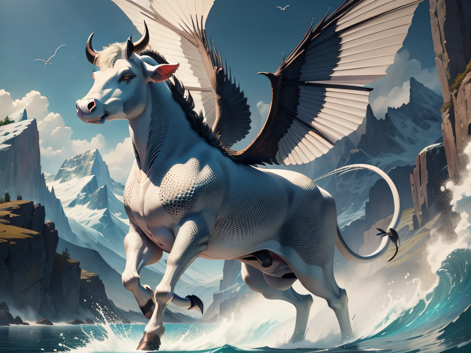 mythological creatures，Inspired by the Classic of Mountains and Seas，A cow，It has fish scales，snake tail，There are wings on the ribs
