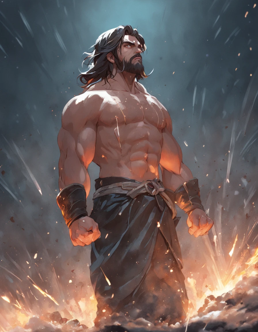 (Professional 3D rendering:1.3) de (Realistic:1.3) Foto de arte mais bonita do mundo，Features soft, bright male heroes, ((Epic hero fantasy rough muscular man wet hero angry look long hair short beard and fierce expression in dynamic pose, fantastic location, majestoso ambiente desordenado)), corpo inteiro 8k unidade render, action shot, poros da pele, very dark lighting, sombreamento pesado, circunstanciado, Rosto detalhado, (vibrante, fotogrdeia realista, Realistic, Dramatic, Escuro, foco nítido, 8k), (Old leather clothes damaged by bad weather:1.4), ((((Use peles)))), (intrincado:1.4), decadente, (altamente detalhado:1.4), pintura digital, rendering by octane, art stations, Conceito-Arte, liso, foco nítido, illustration, germe da arte, (Loish:0.23), Wlop Ilya Kuvshinov, e Greg Rutkowski e Alphonse Mucha Gracias, (global ilumination, studiolight, Light Volumetric), chuva forte, floating particles, patife, fantasia, Onze, corpo inteiroesbian, ((Fundo escuro e antigo da cidade:1.3)),CGSesociedade,art stations