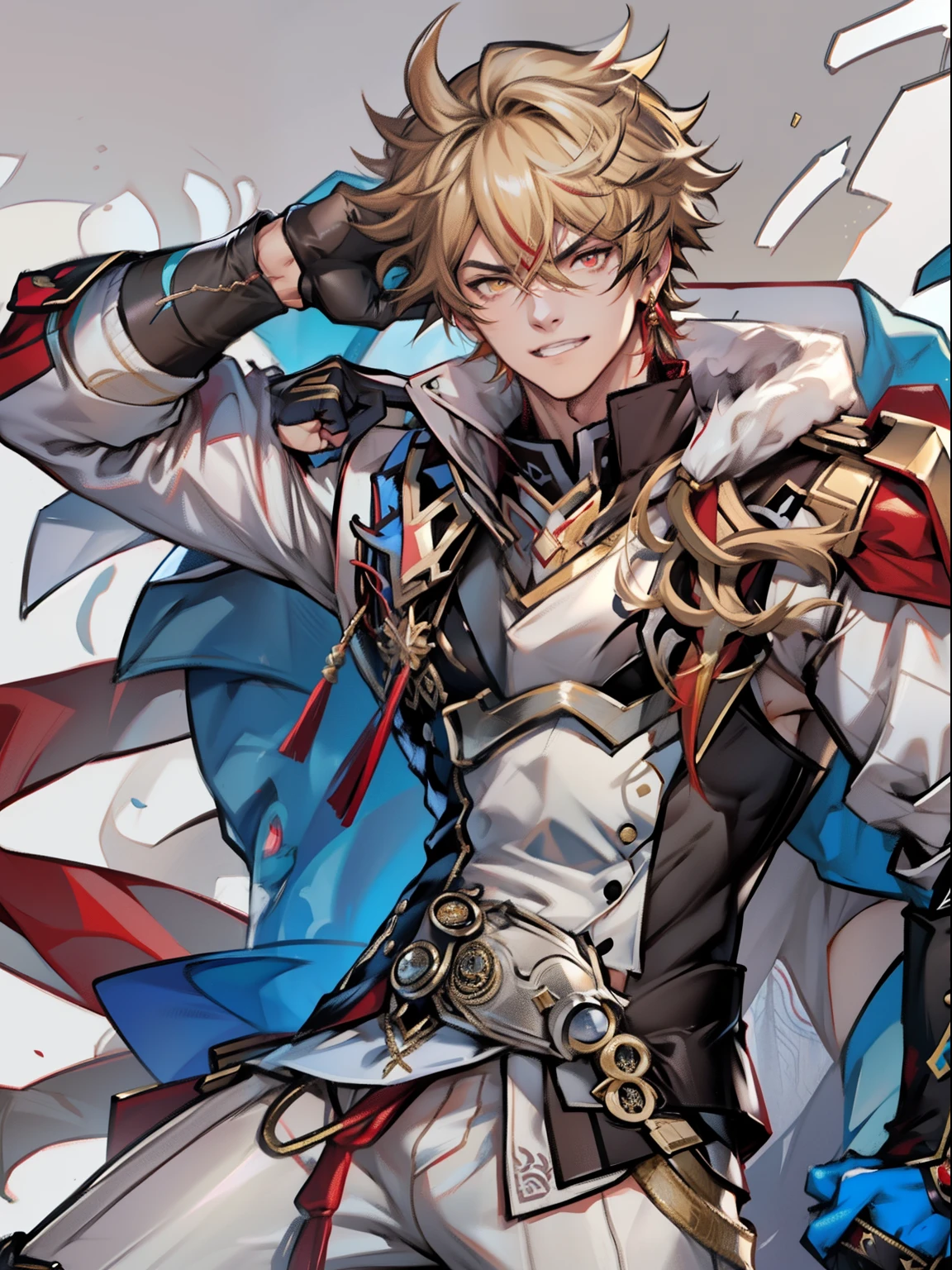 tmasterpiece,Best quality at best,Dadalya(Genshin Impact),mitts,Bulging muscles,Bulging of the pectoral muscles,White gloves,Abs,malefocus,1boy,red eyes,black glove,独奏,Brownish-yellow hair,Yellow eyes,Red cape,hair between eye,((Bulging crotch)),Sexy,(Masterpiece, Best quality),(white business suit),self-assured,having fun,big laughter,white pantie