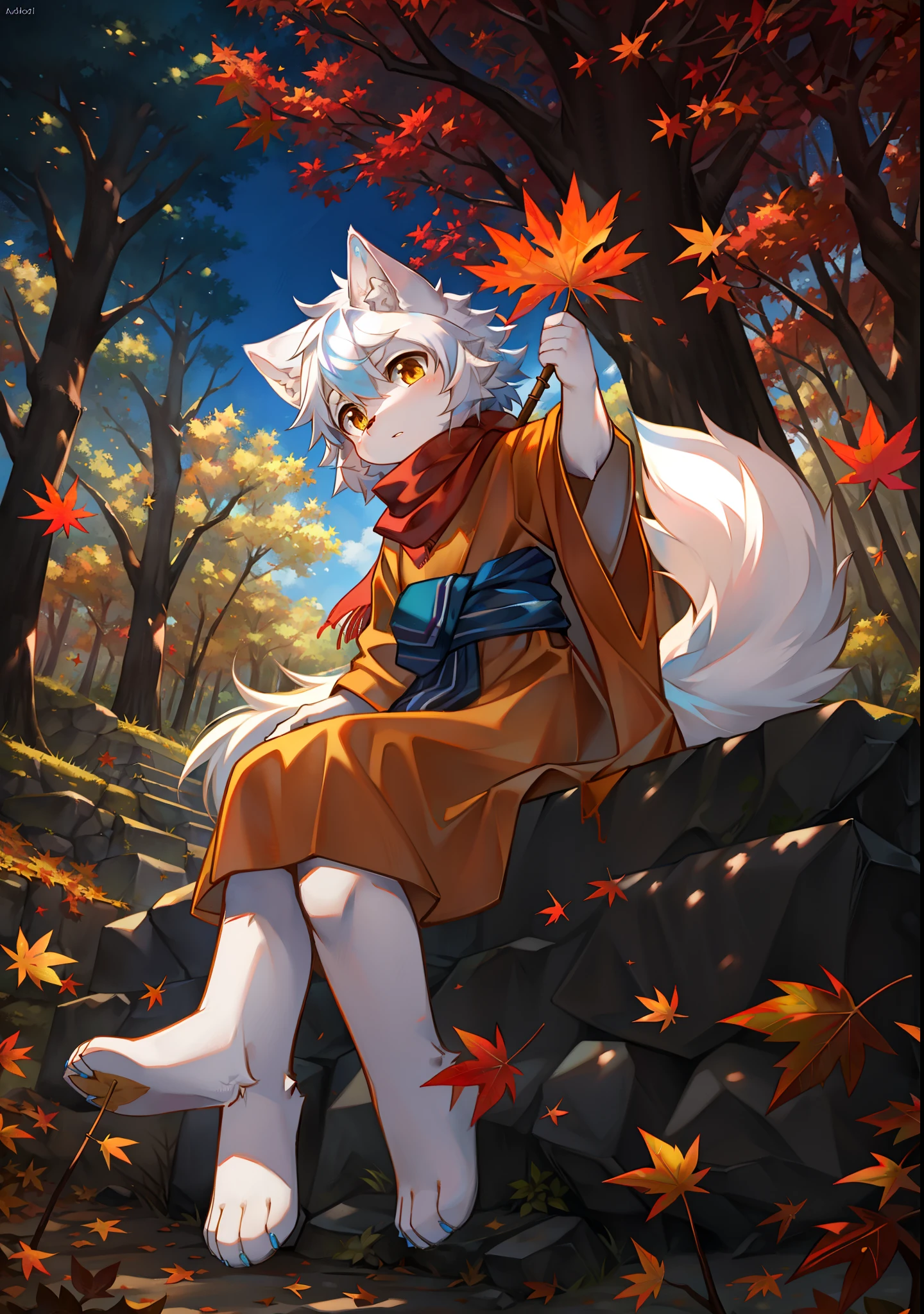 A white wolf,orange robe,orange scarf,Maple Grove,Maple leaves,Maple leaves are all over the ground,clear blue skies,Shota,adolable,suns,solo person,Look into the distance,Holding an orange umbrella,In the woods,maple trees,flowing robe,Flowing scarf,Beautiful picture,Falling maple leaves,Maple leaves cover the ground,Fluffy white tail,Fluffy hair,Sit on the stone steps,Maple leaves float in the air,Yellow leaves float in the air,autumnal,