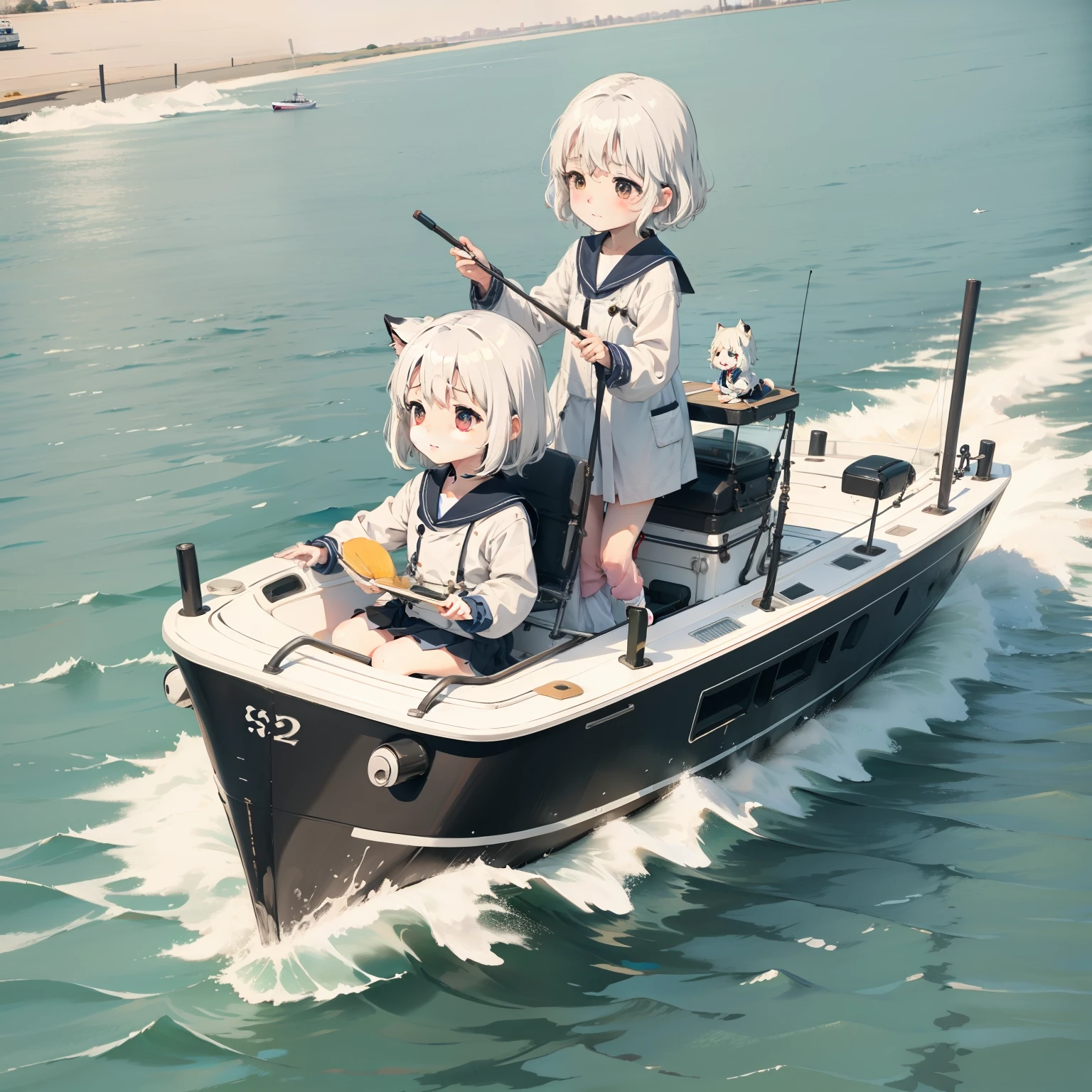On the lake,Waves bloom,Loli,,A little girl drivincht,独奏, (with short white hair:1.2),
