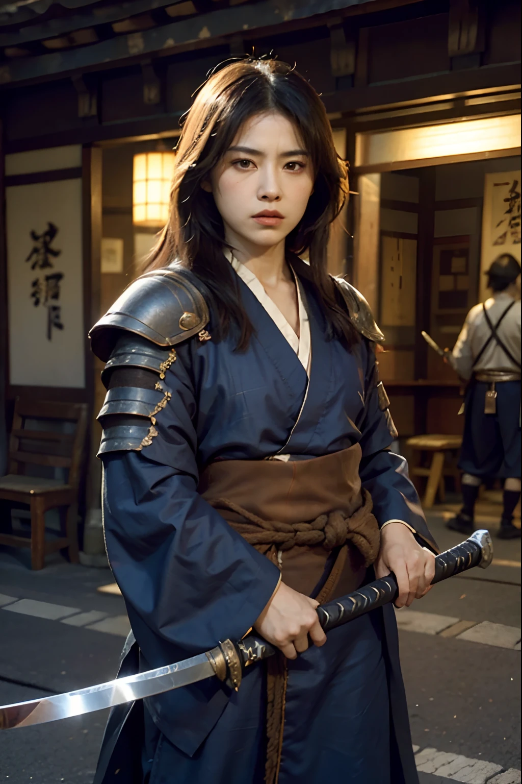 c4ttitude, samurai, vigilant, Yeux en amande, furrowed brow, fourrure lisse, guerrier, disciplined, focused, Armored kimono, Guarded cover, acier, pattes griffues, Katana, feudal Japan, rue, honorer, duel, Confrontation scene,