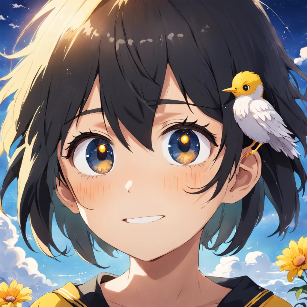Boy Anime Cute Shy, Big Eyes, Smile, Tear Mole under Left Eye 17 years old, Yellow Chrysanthemum Short Sleeves, Black Bangs, Environment with Clouds, Bird, by the sea