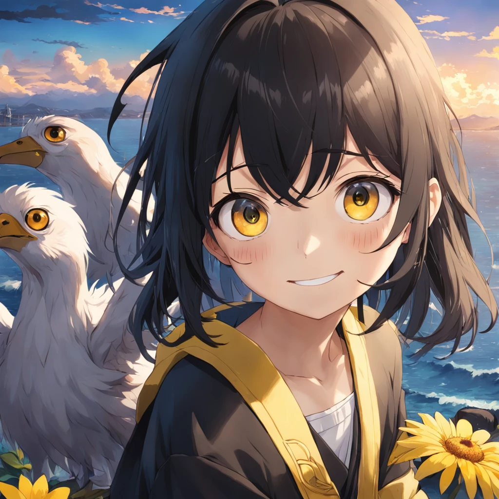Boy Anime Cute Shy, Big Eyes, Smile, Tear Mole under Left Eye , Yellow Chrysanthemum Short Sleeves, Black Bangs, Environment with Clouds, Bird, by the sea