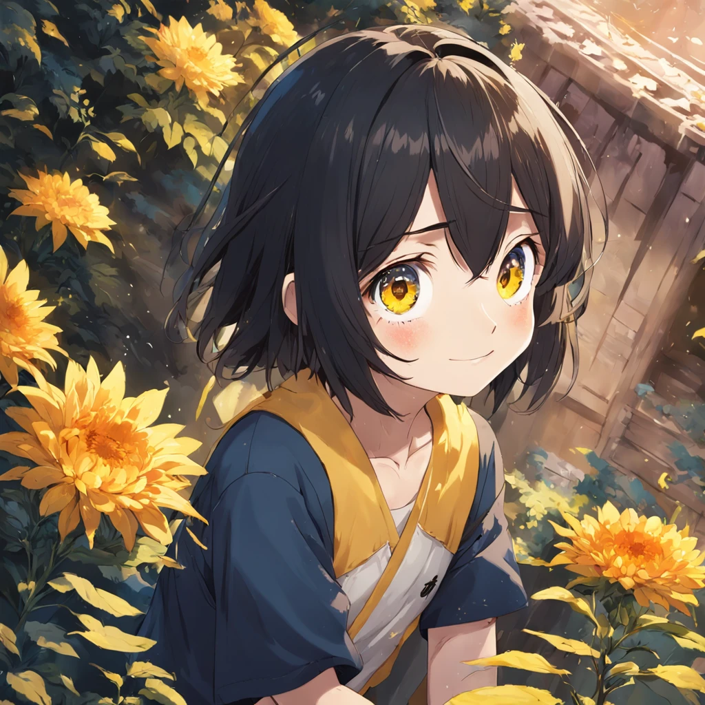 Boy Anime Cute Shy, Big Eyes, Smile, Tear Mole under Left Eye , Yellow Chrysanthemum Short Sleeves, Black Bangs, Environment with Clouds, Bird, by the sea