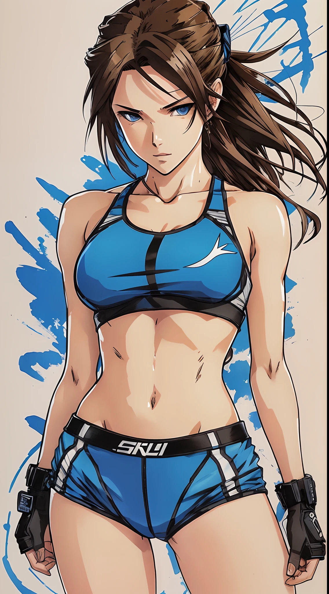 Image of a girl, anime style, yoji shinkawa art, brown hair, seductive body, wearing gym clothes, expressive blue eyes, beautiful, front, art of yoji shinkawa. --auto --s2