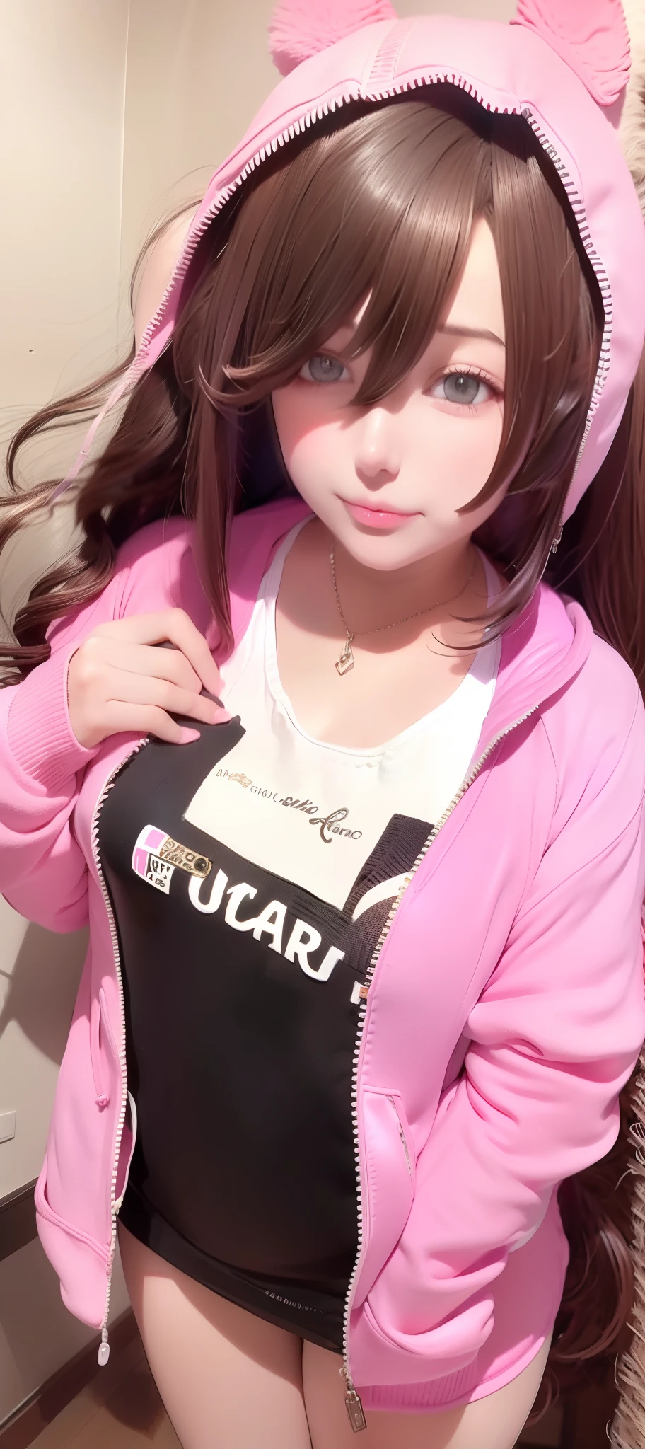 An 18-year-old young woman, Brown hair long, Brown hair, face round, small, wearing a pink hoodie