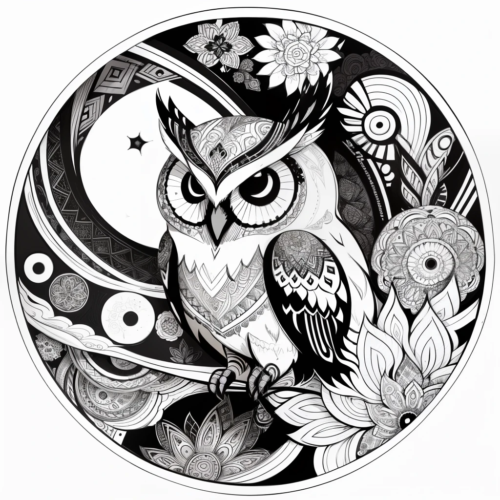 zentangle, fine line art, fine line drawing, coloring book illustratio style, vector art, white and black graffiti illustration,owl, in the center, white and black colors, paint splashes and blots, Adobe Illustrator, high detail, whitebackground