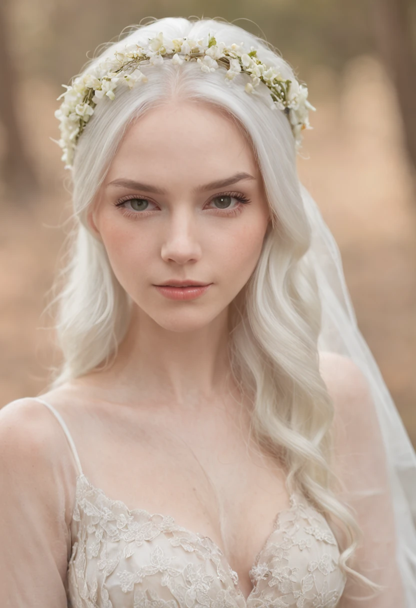 Mulher 22 anos, pale skinned, maquiagem, cabelos brancos, vestido branco longo, seios grandes, white hair