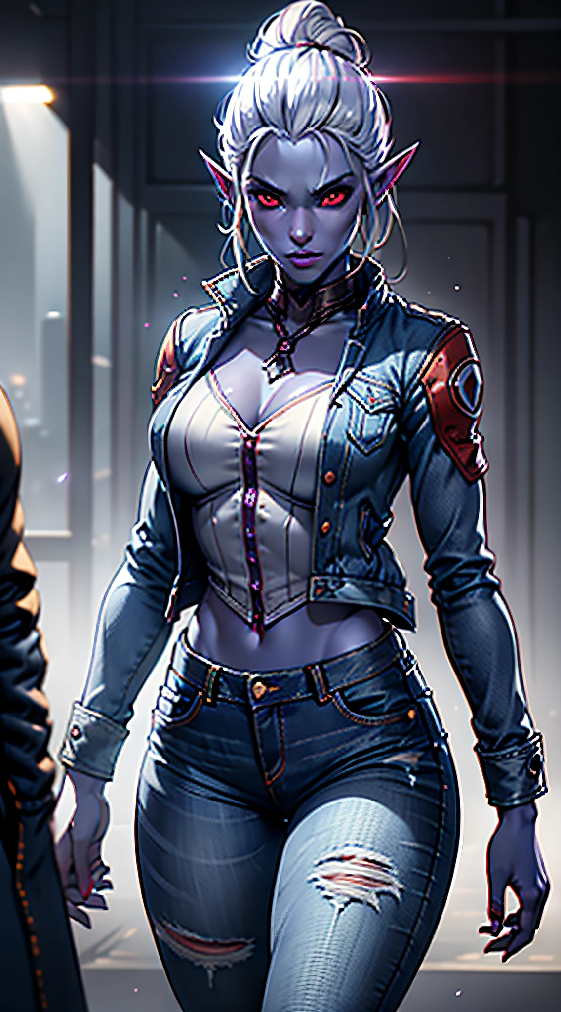 1girl, sexy drow, dark purple-blue skin, pale silver hair bun, ((red eyes)), elf ears, wears ((opened denim jacket)) and ((jeans)), ((cast light magic)), posing on a busy streer, athletic, volumetric lighting, best quality, masterpiece, realistic, anatomically correct, (strong cinematic lighting), stunning details, intricate details, 8k post-production, High resolution, super details, trending on ArtStation, sharp focus, depth of field f/1.8, studio photos, (((looking at camera)))