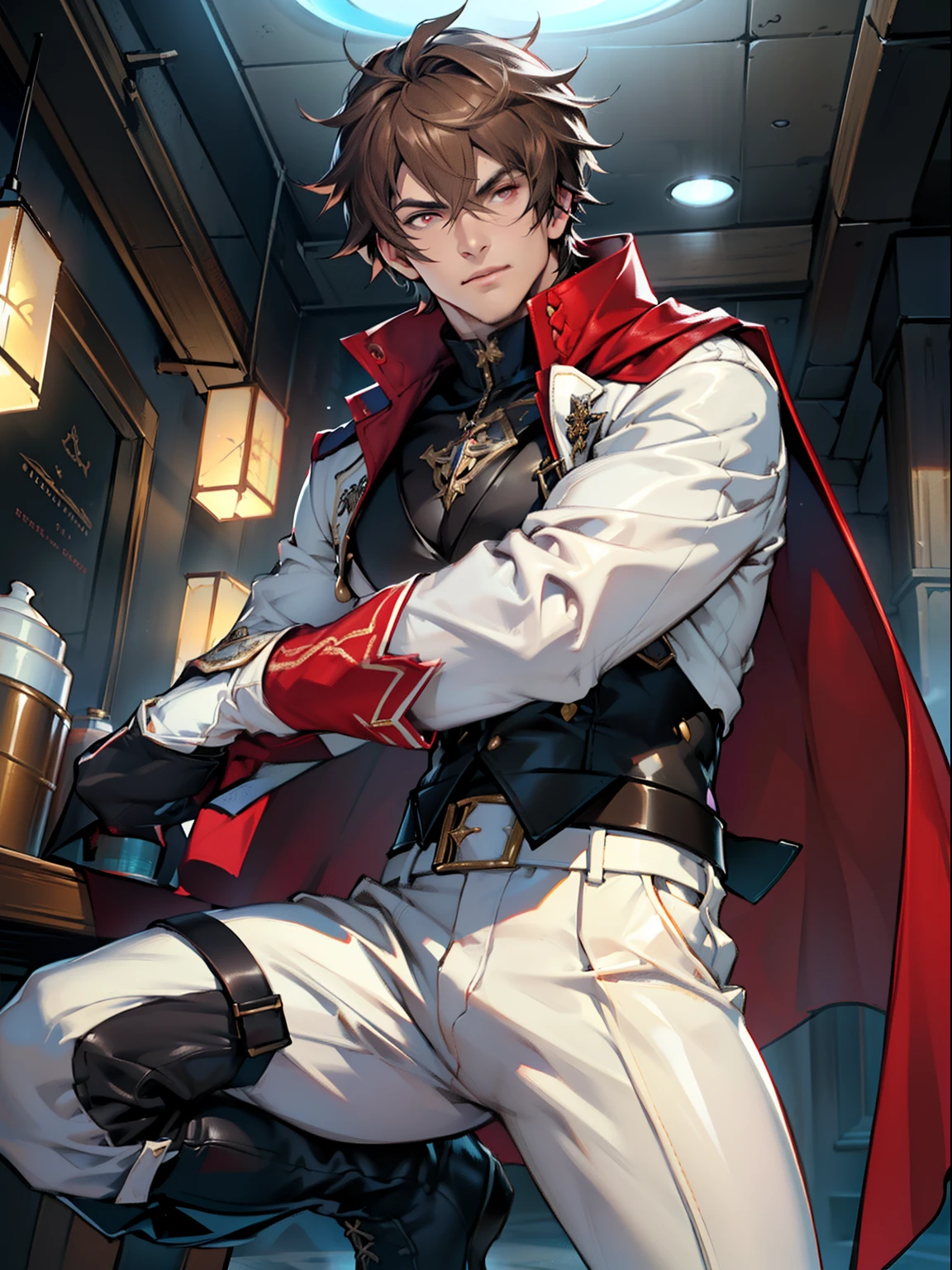 tmasterpiece,Best quality at best,Dadalya(Genshin Impact),mitts,Bulging muscles,(white business suit,Casual wear tie)Pectoral muscle bulge,((Exposing the pectoral muscles))White gloves,Abs,Perfect anatomy, Skin texture, thick dark buzzcut hair, See-through bang, Light eyebrows, symmetrical eyebrow, Big bright eyes, Symmetrical eyes, square shapes, big straight nose, Closed mouth, double-edged polearm, Broad shoulders,White clothing, bdominal stretch, tight-fitting, Leather collar, stand-up collared shirt, tiese, waistcoat, Open thickened glossy white leather jacket, Eight-pack abs, White leather mobile gloves, White trousers, Leather belt, spreading long thin legs, The large column is 10 inches long,3 inches wide, The erection, The large,with testicles, Masturbation, high-heeled leather boots, Soft smile, Handsome, Powerful, From the front side, looking ahead at viewer, day, Masterpiece, Best quality, Hyper-detailed, intricately details, Professional photography, Mattire, Bright, the most beautiful ever seen, post-proces, dreamatic lighting, Ambient lighting, Epic composition, very wide angle shot, uplit, ray-traced reflection, Depth of field, Gorgeous background,malefocus,1boy,red eyes,black glove,独奏,Brown hair,Yellow eyes,Red cape,hair between eye,((Bulging crotch)),Sexy,(Masterpiece, Best quality),(white business suit),self-assured,having fun,big laughter,white pantie