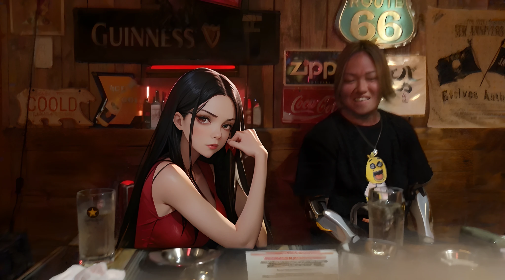 Woman in red Dress (Long Black Hair, Pretty,) at bar, Drunken and ruddy face