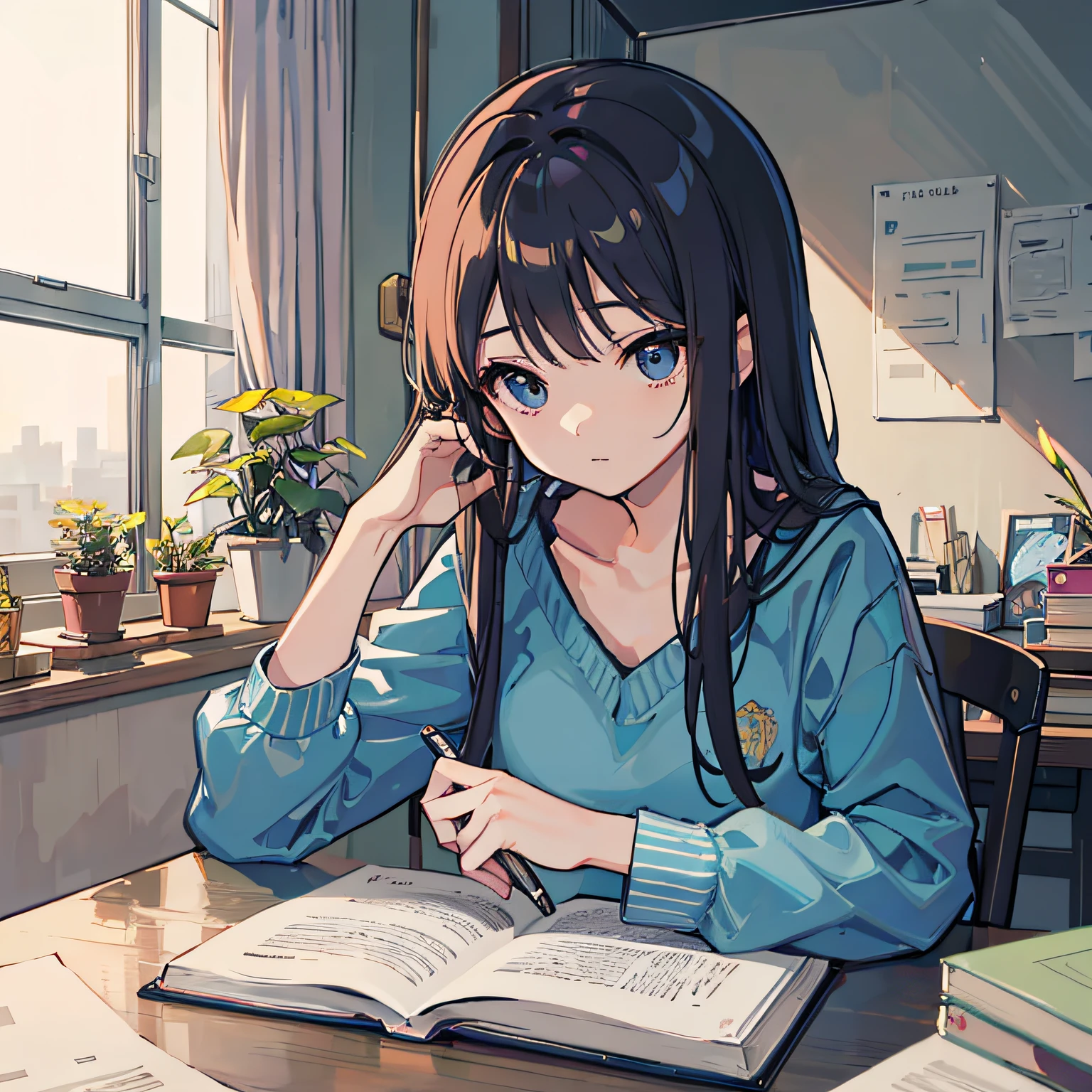 Beautiful woman Studying Focused face on desk inside in room By morning with light glowing Morning view Test Preparation
